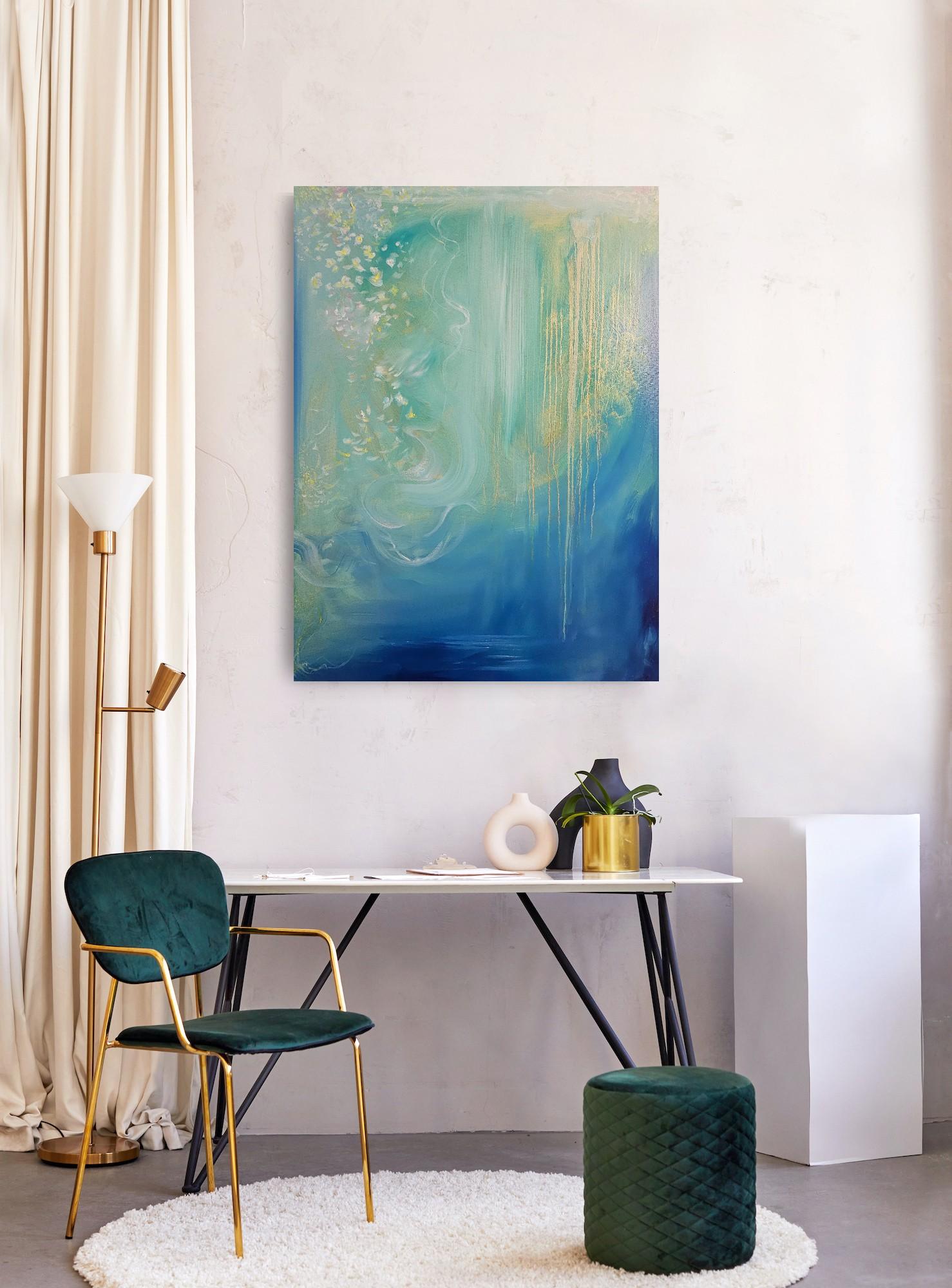 Jasmine of the sea - blue green abstract flowy sea painting For Sale 8