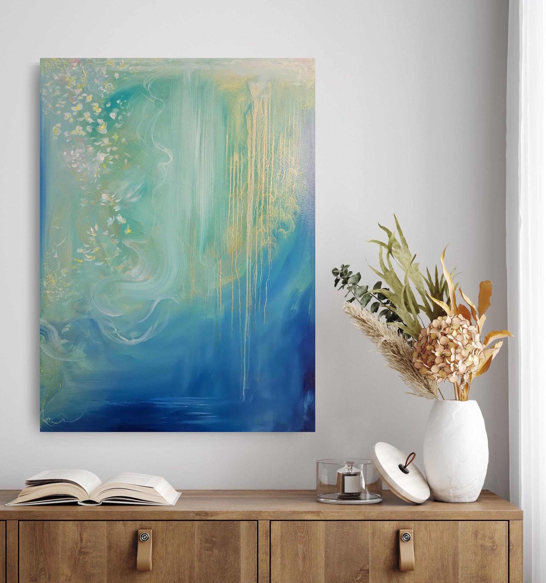 Jasmine of the sea - blue green abstract flowy sea painting For Sale 9