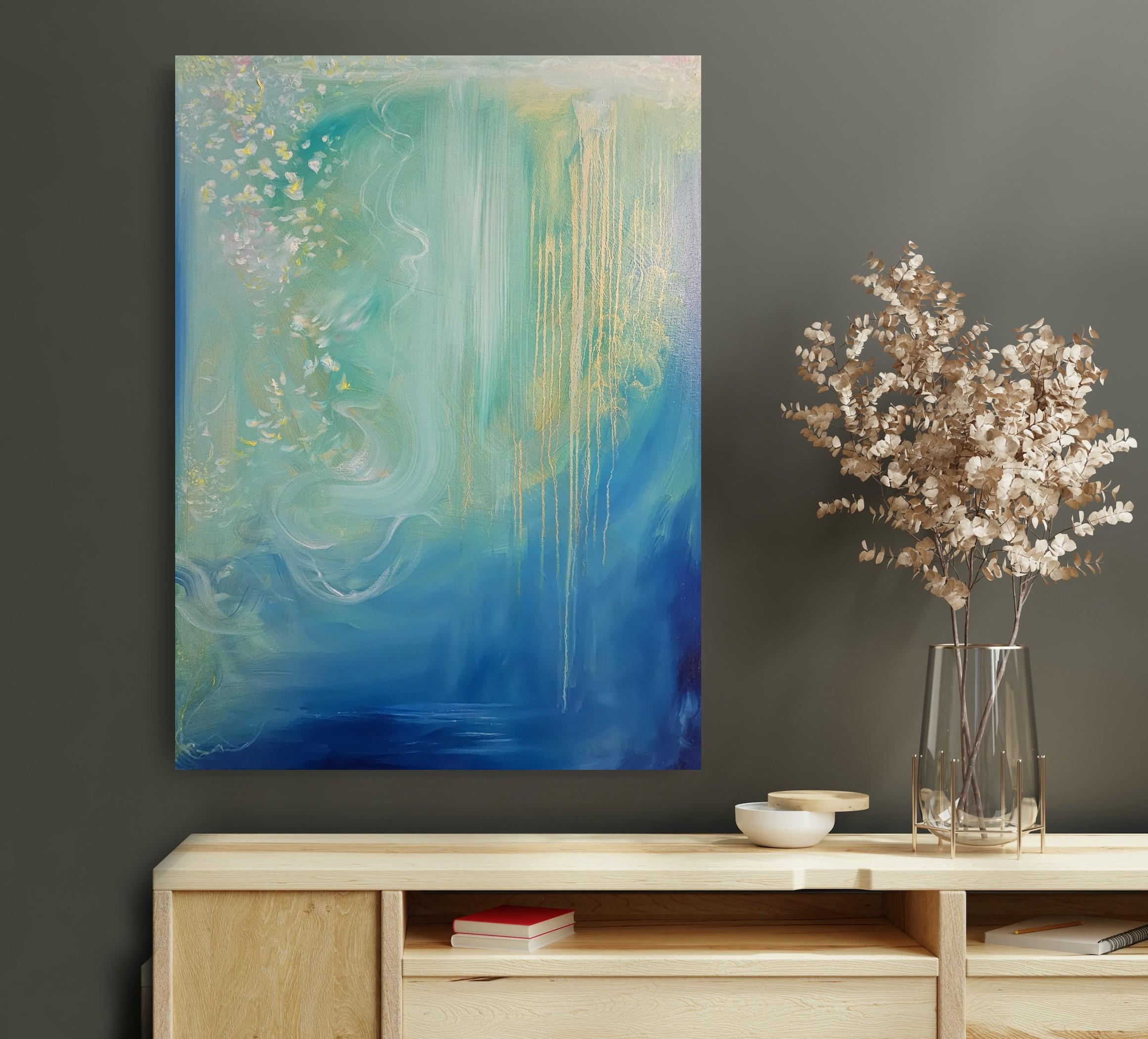 Jasmine of the sea - blue green abstract flowy sea painting For Sale 11
