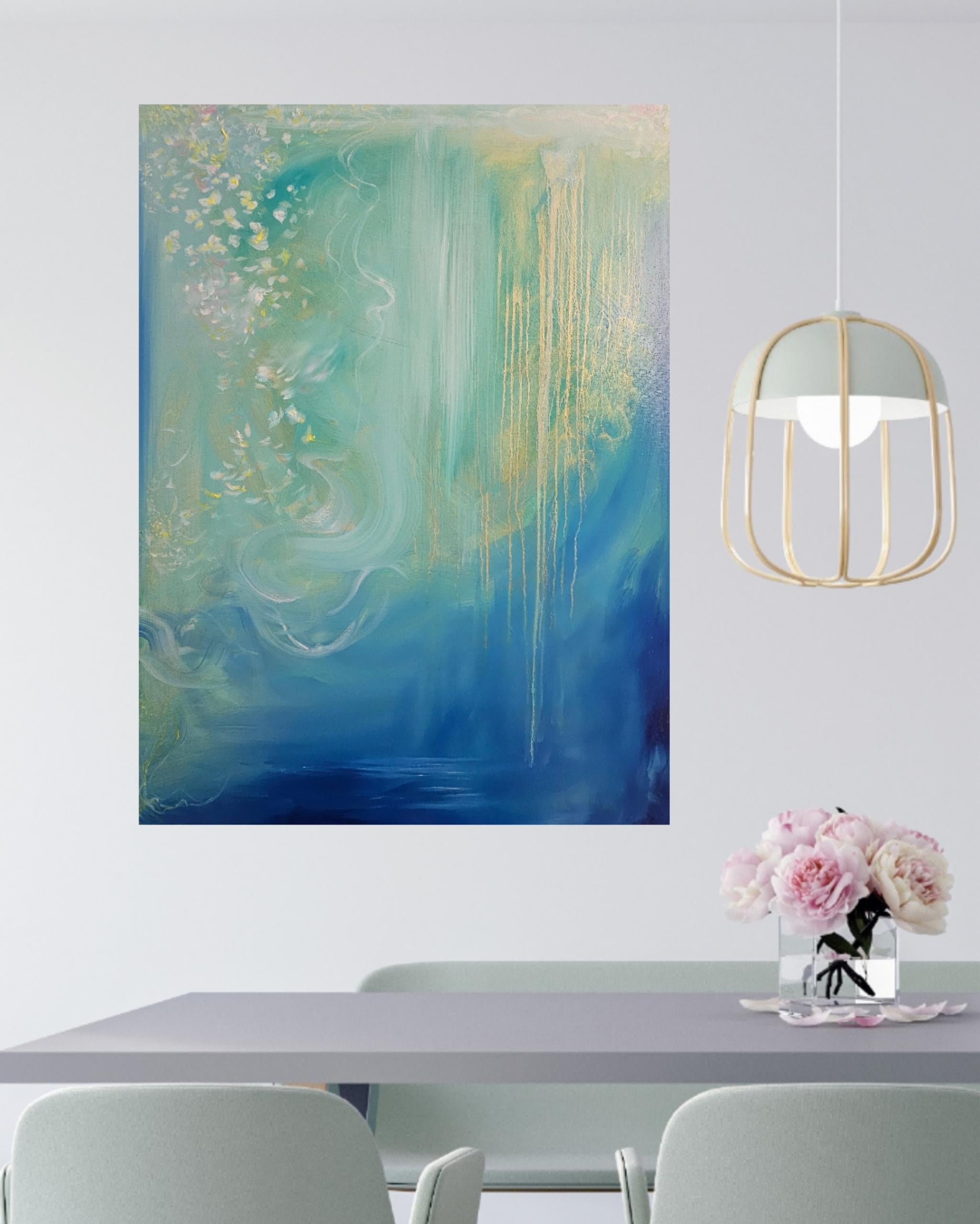 Jasmine of the sea - blue green abstract flowy sea painting For Sale 12