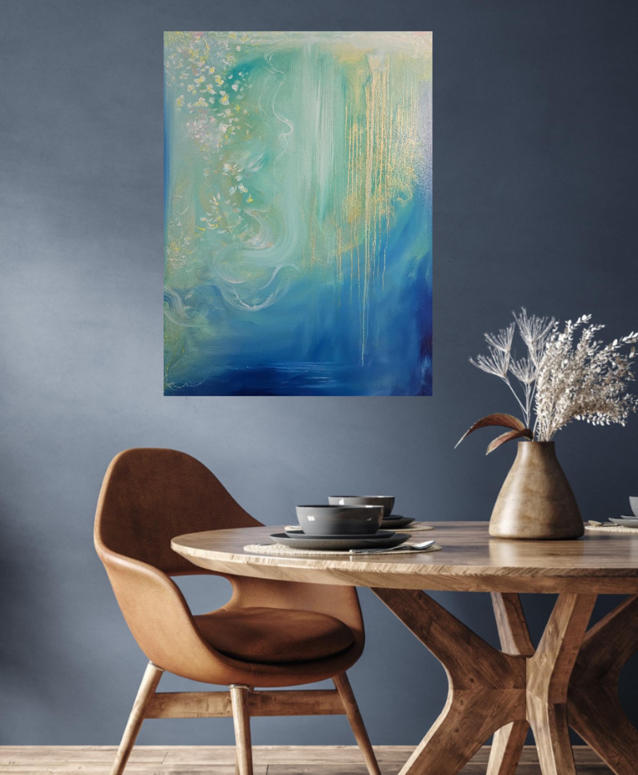 Jasmine of the sea - blue green abstract flowy sea painting For Sale 13
