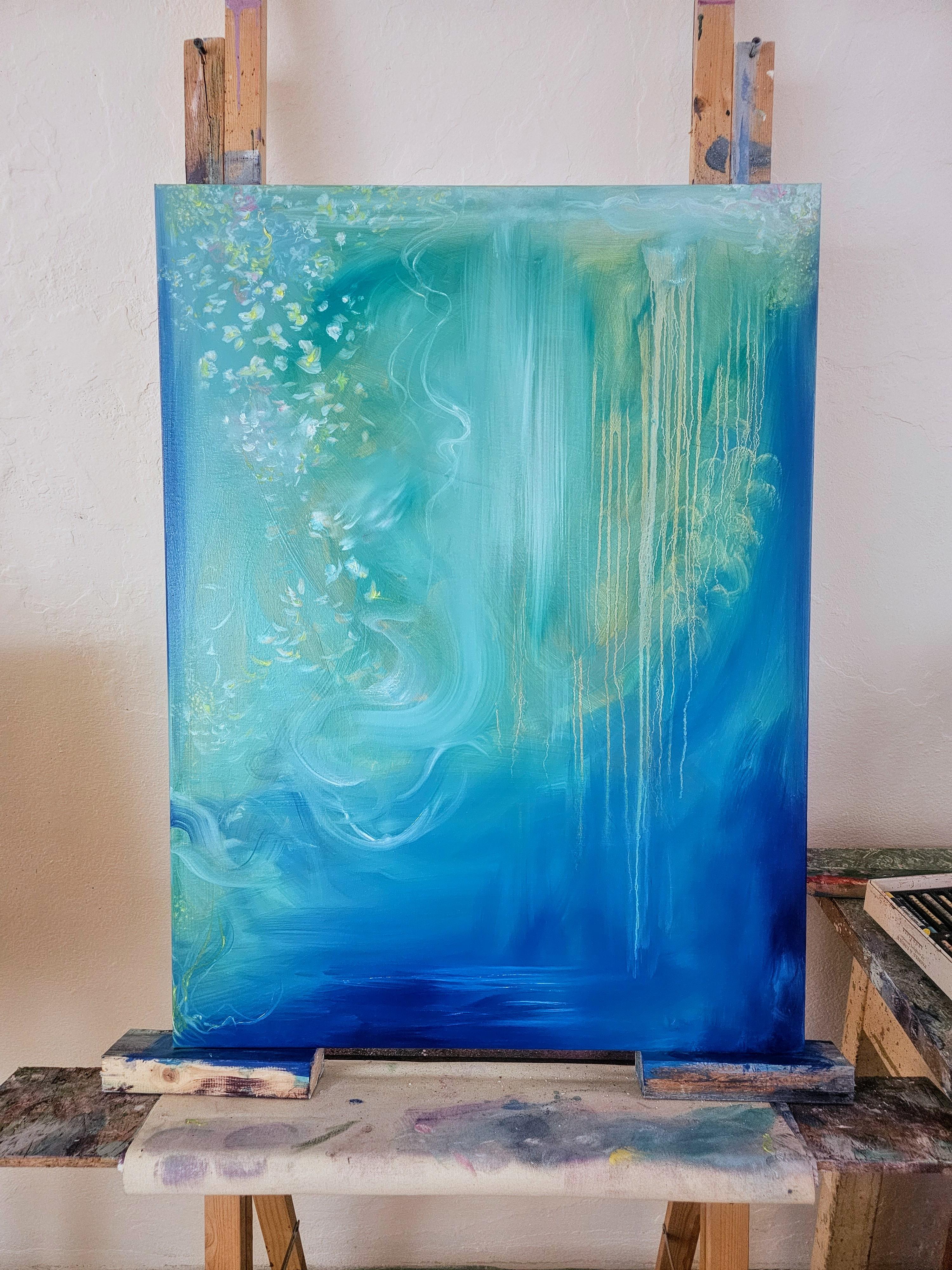 Jasmine of the sea - blue green abstract flowy sea painting - Painting by Jennifer L. Baker