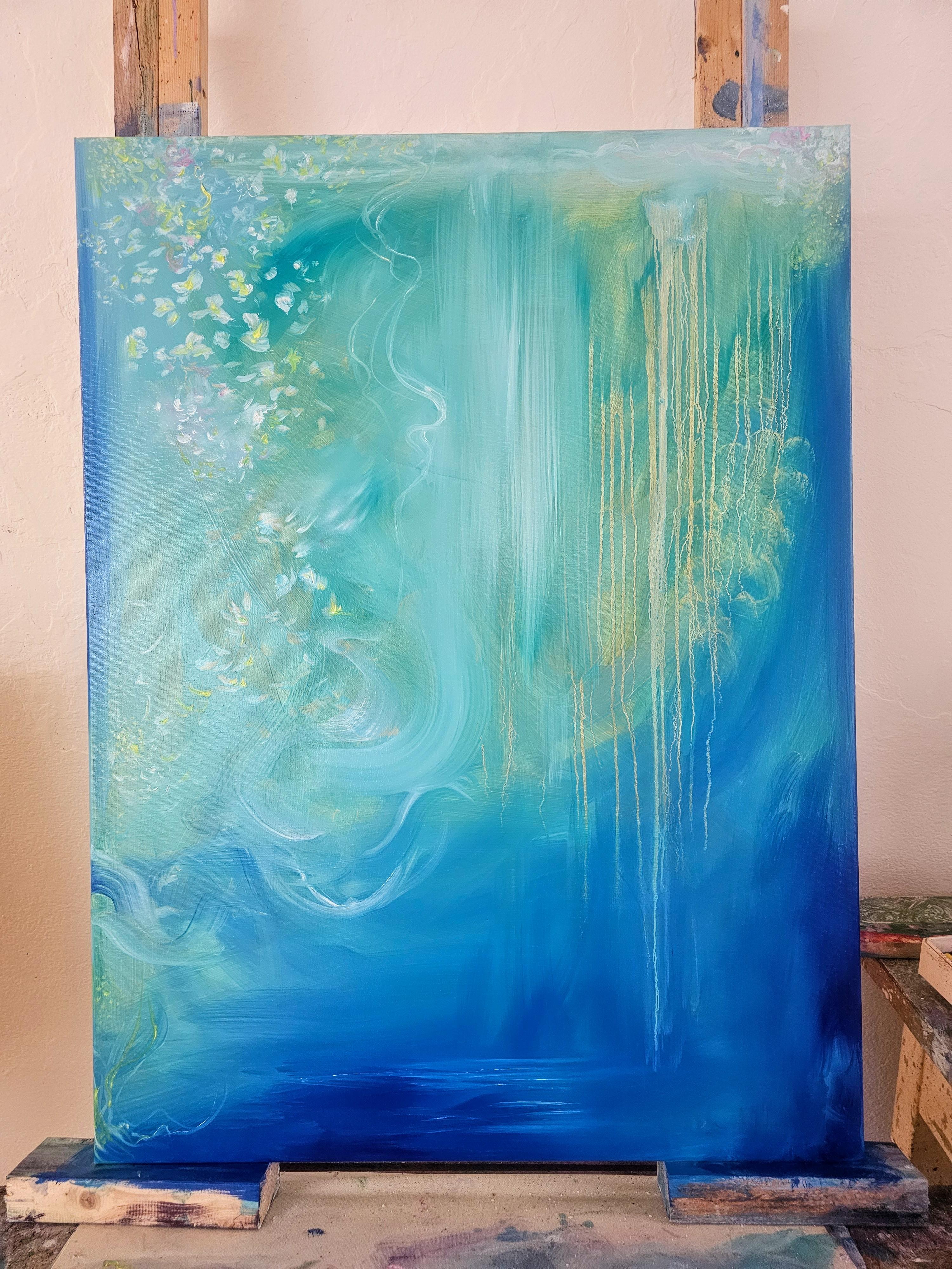 Jasmine of the sea - blue green abstract flowy sea painting - Abstract Expressionist Painting by Jennifer L. Baker