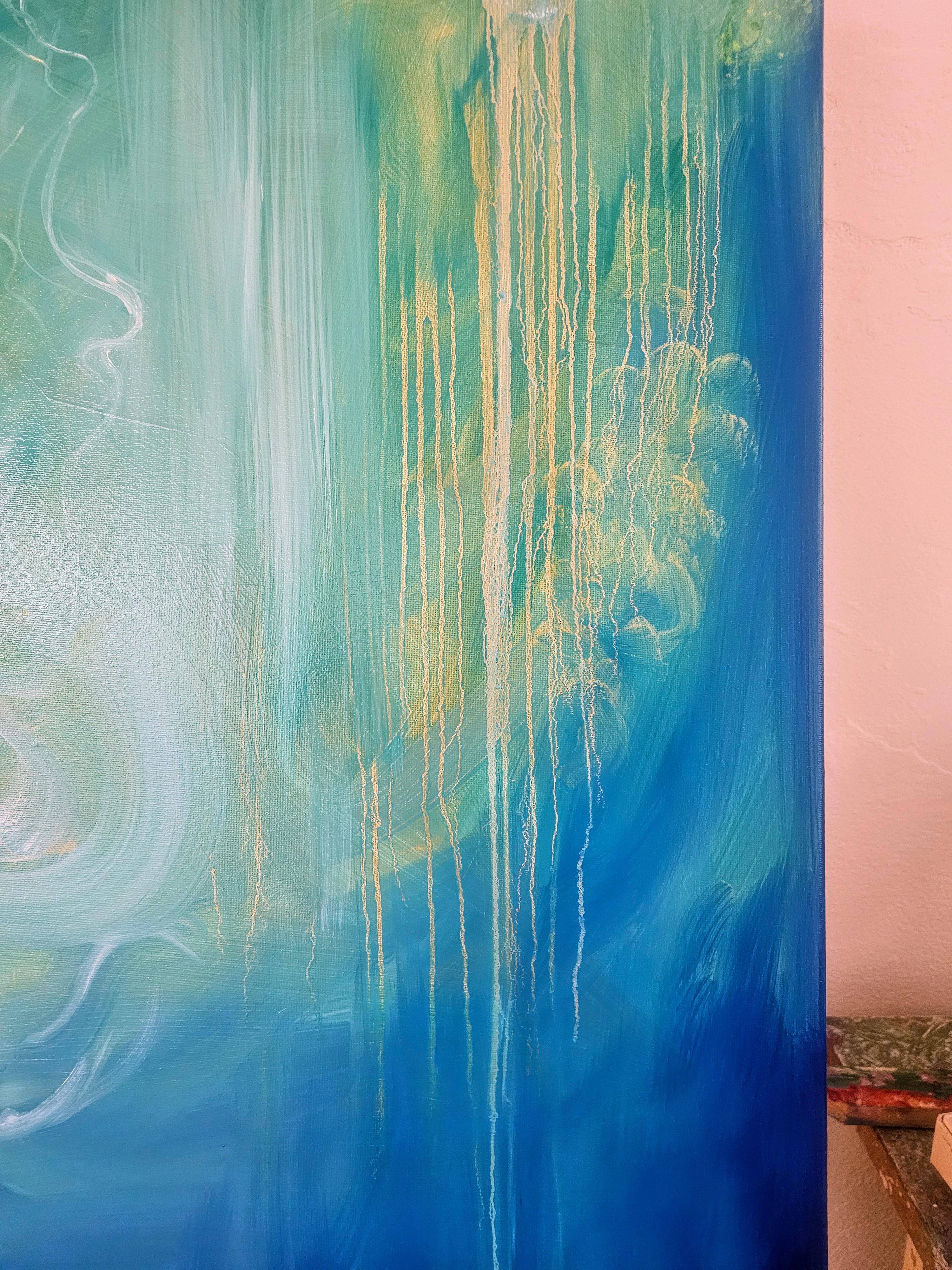 Jasmine of the sea - blue green abstract flowy sea painting For Sale 1
