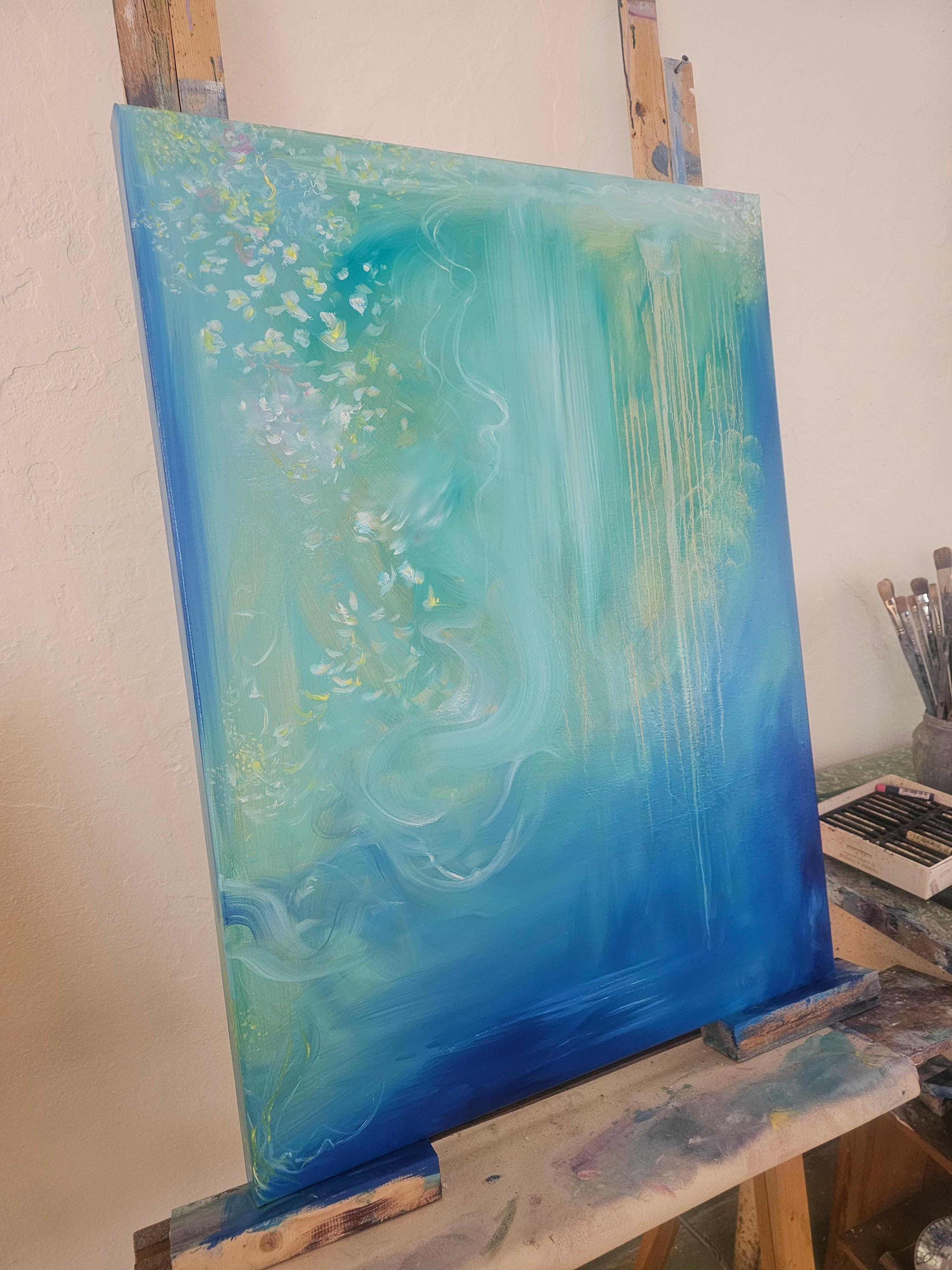 Jasmine of the sea - blue green abstract flowy sea painting For Sale 2
