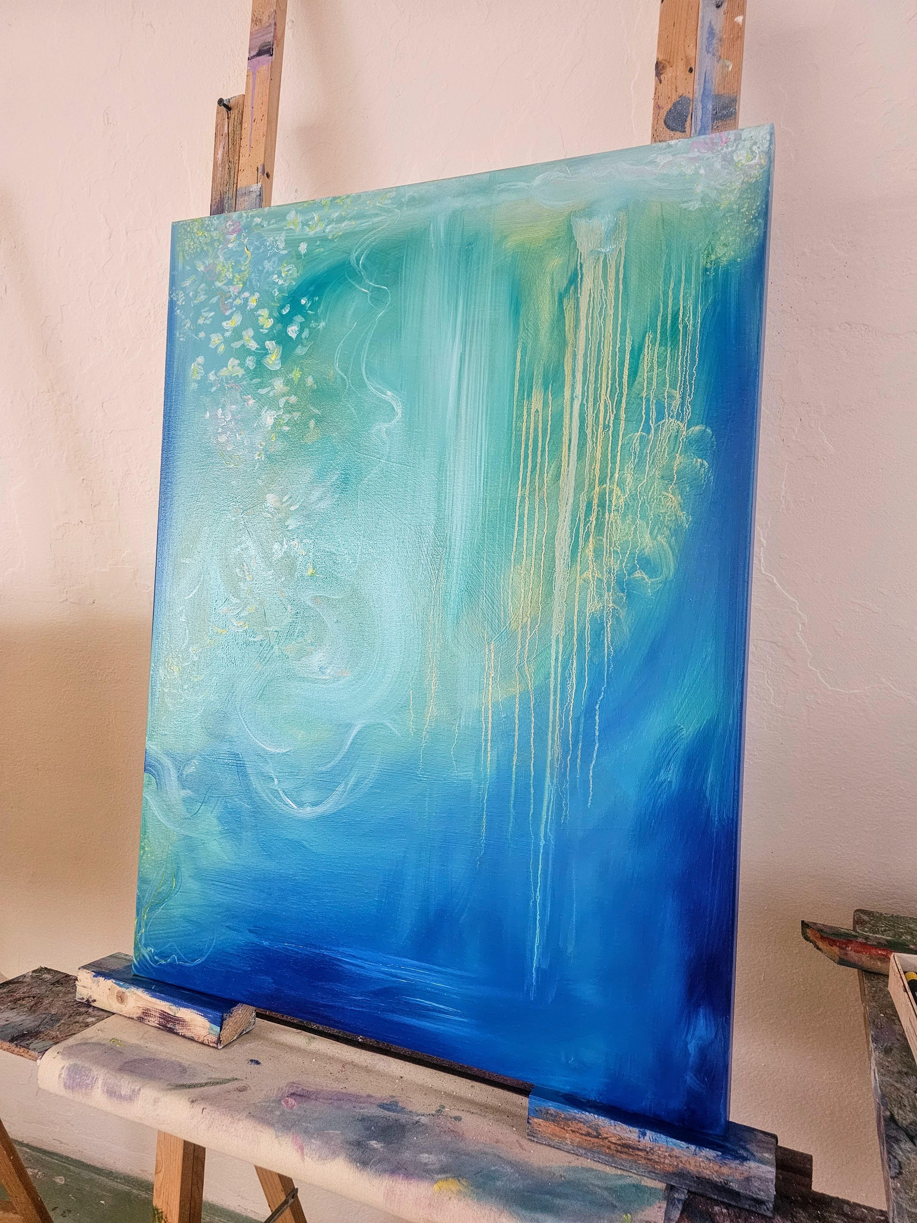 Jasmine of the sea - blue green abstract flowy sea painting For Sale 3