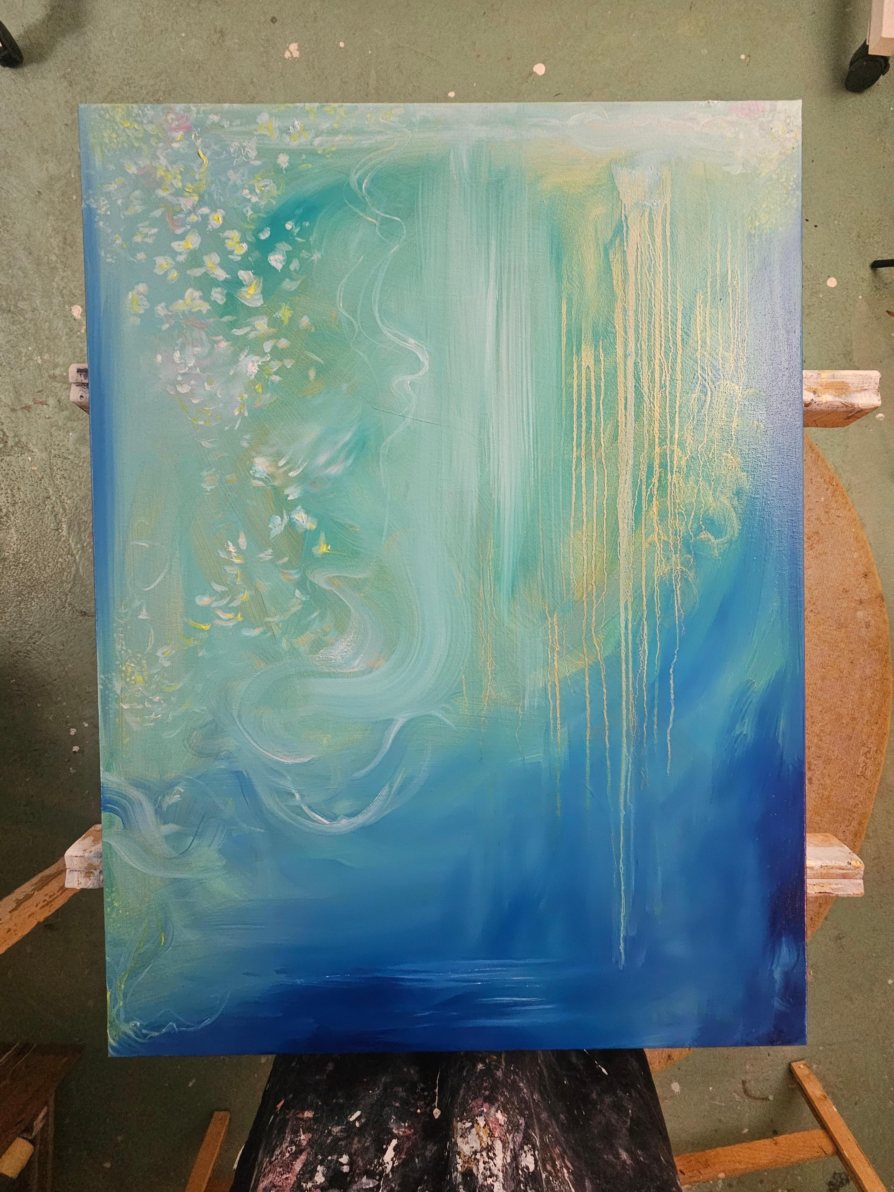 Jasmine of the sea - blue green abstract flowy sea painting For Sale 4