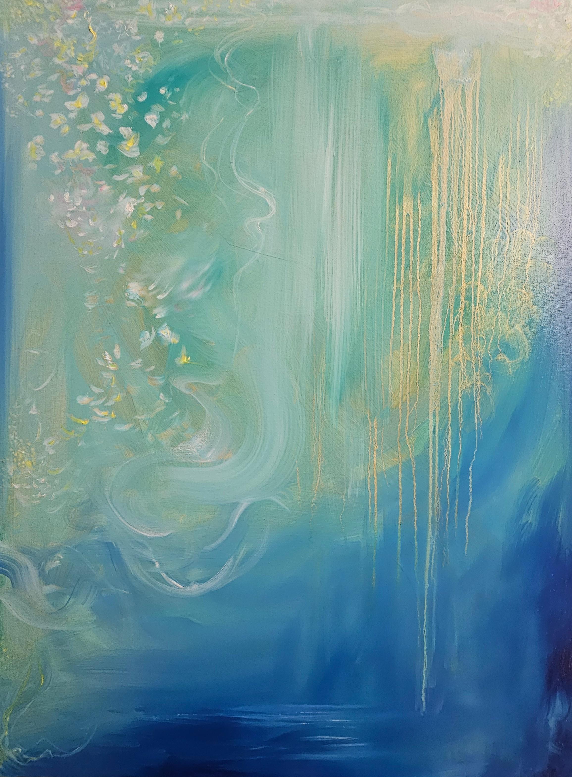 Jasmine of the sea - blue green abstract flowy sea painting For Sale 5