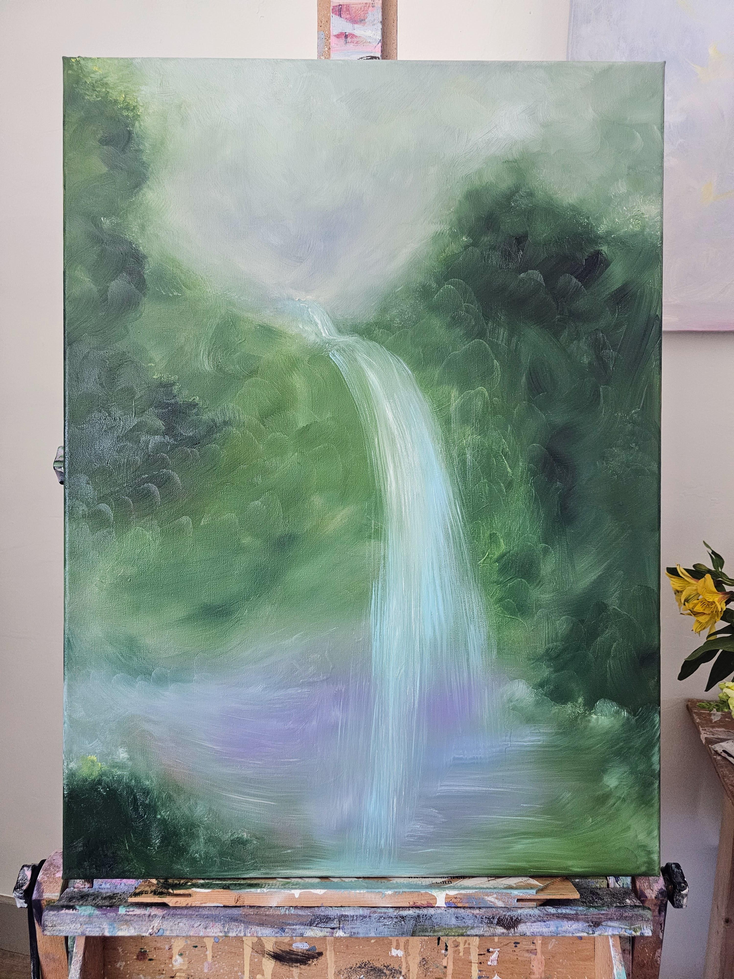 Sdraiati sul suolo della foresta -Pittura astratta della foresta con cascata verde da sogno in vendita 7