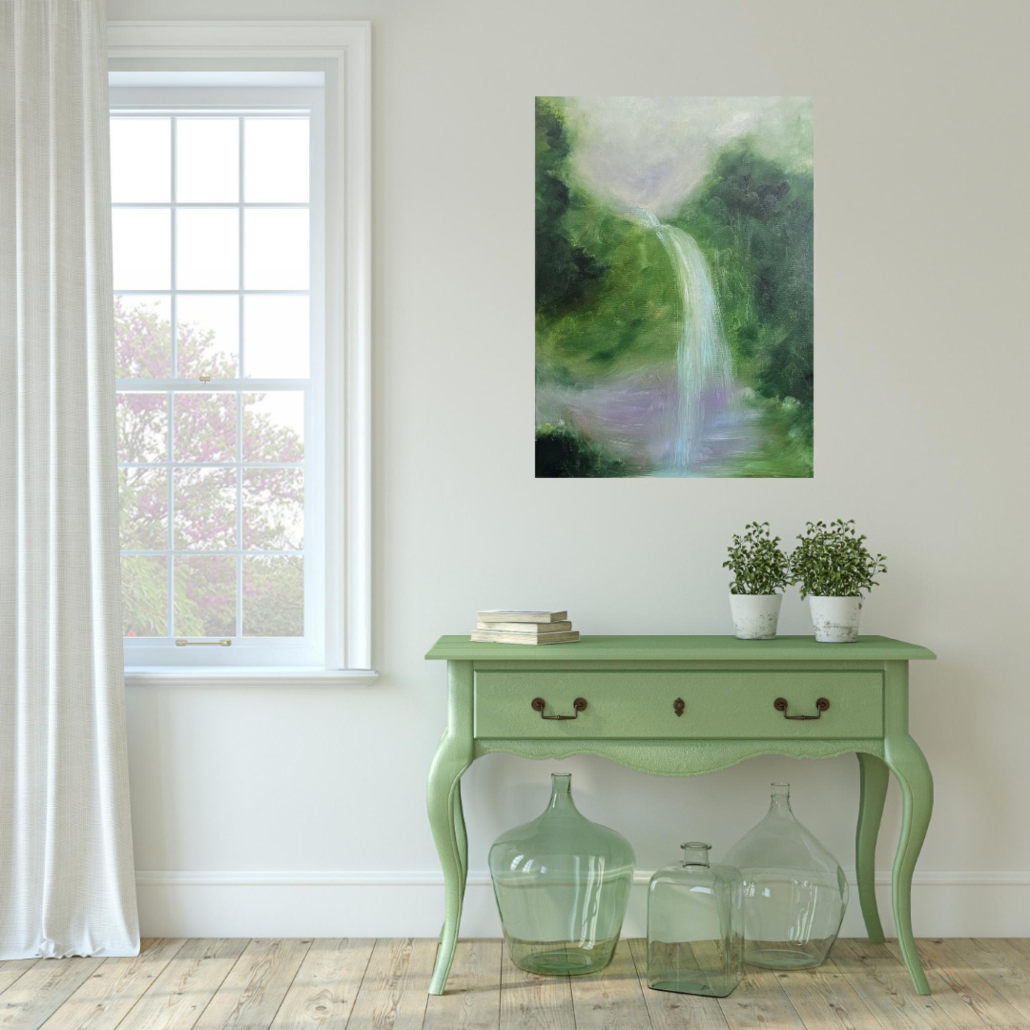 Sdraiati sul suolo della foresta -Pittura astratta della foresta con cascata verde da sogno in vendita 14