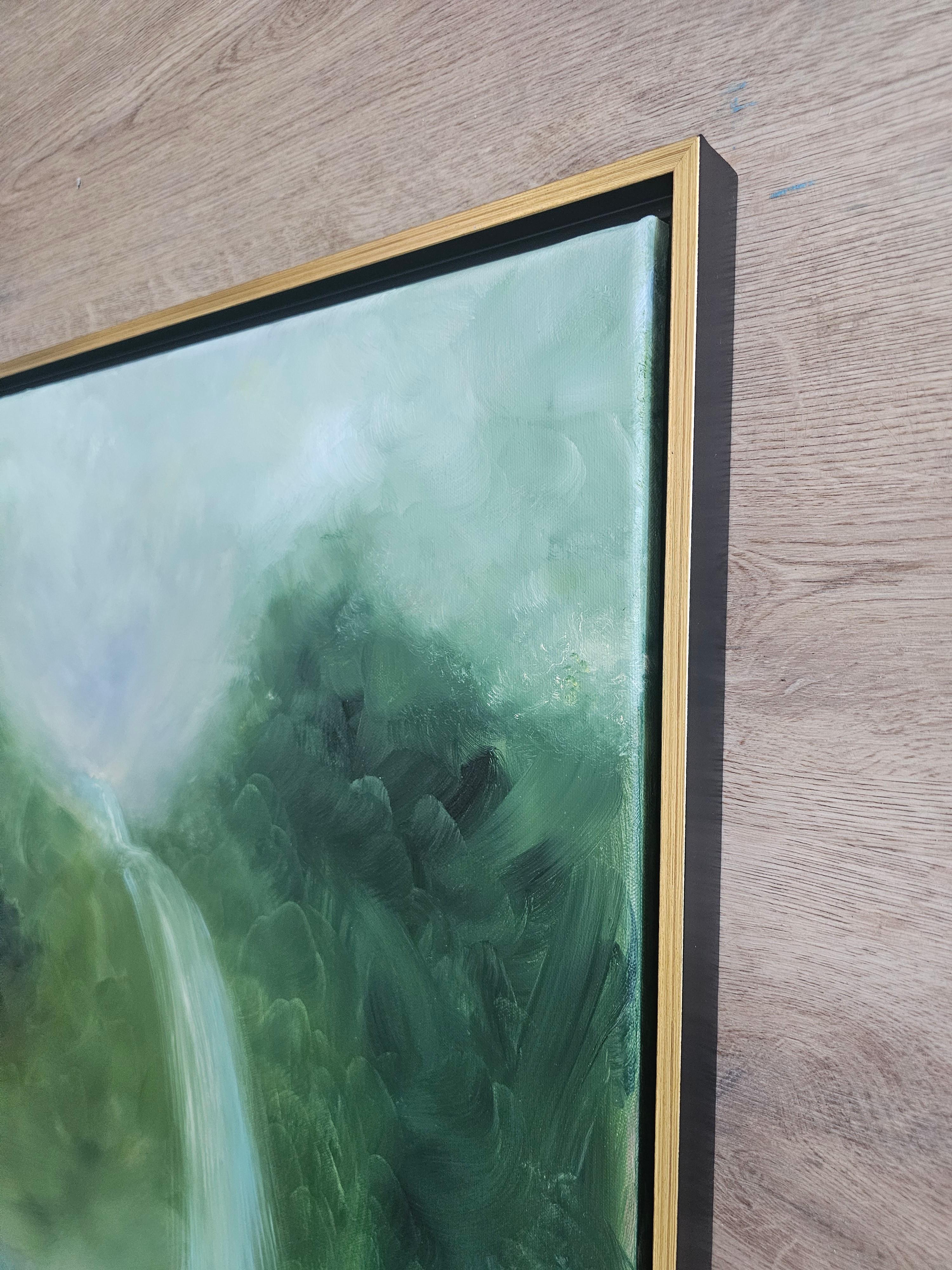 Sdraiati sul suolo della foresta -Pittura astratta della foresta con cascata verde da sogno in vendita 8