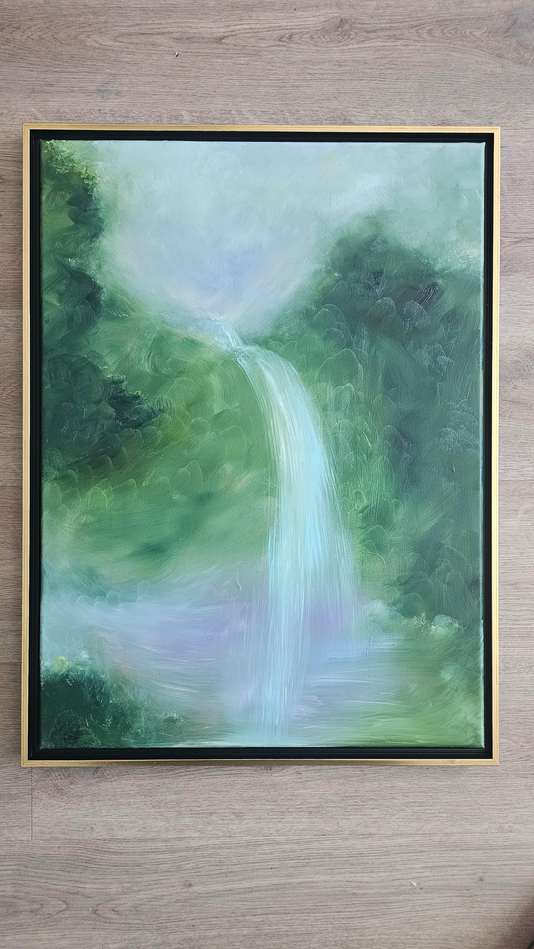 Sdraiati sul suolo della foresta -Pittura astratta della foresta con cascata verde da sogno - Painting di Jennifer L. Baker