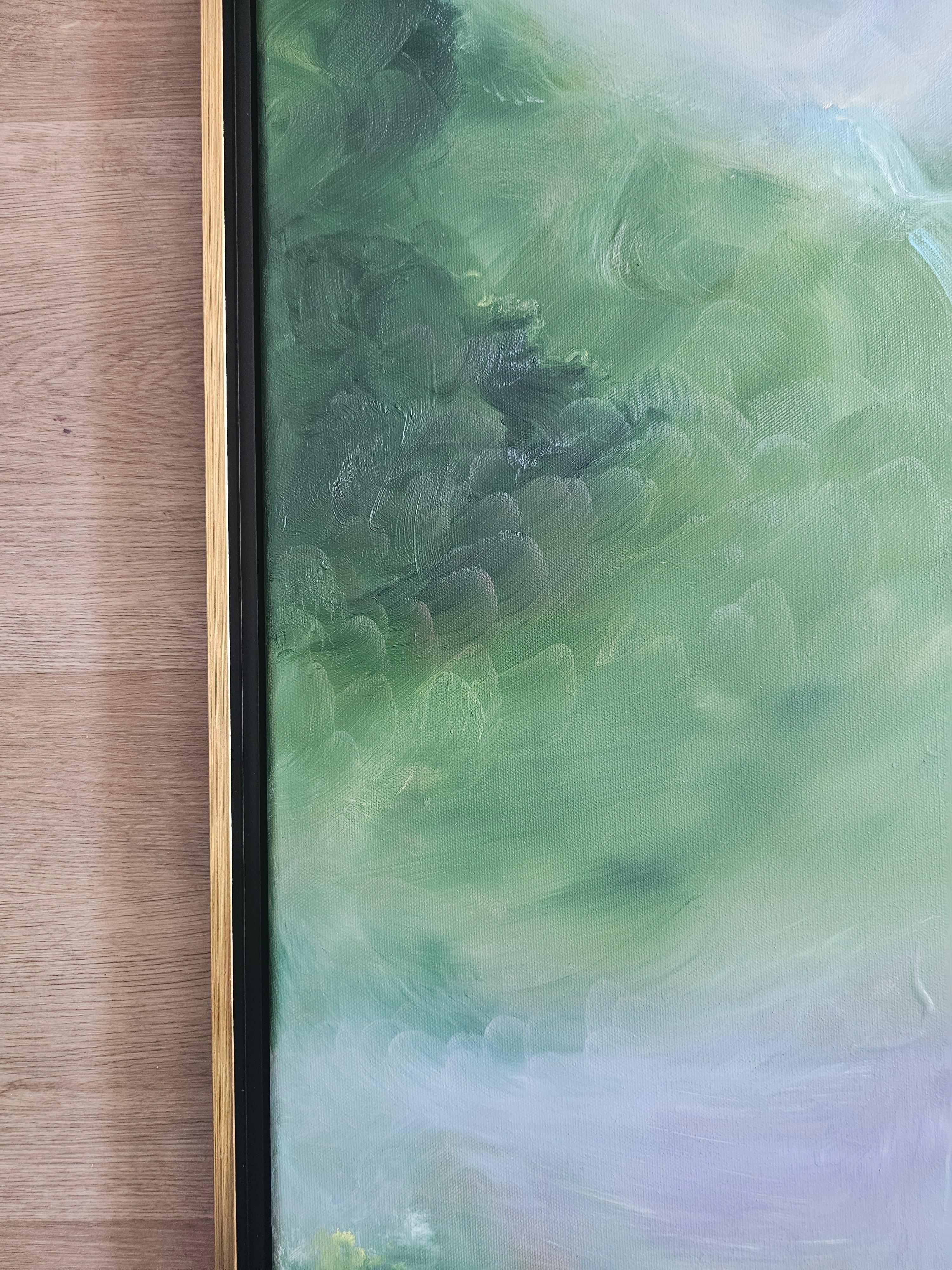 Sdraiati sul suolo della foresta -Pittura astratta della foresta con cascata verde da sogno - Painting Contemporaneo di Jennifer L. Baker