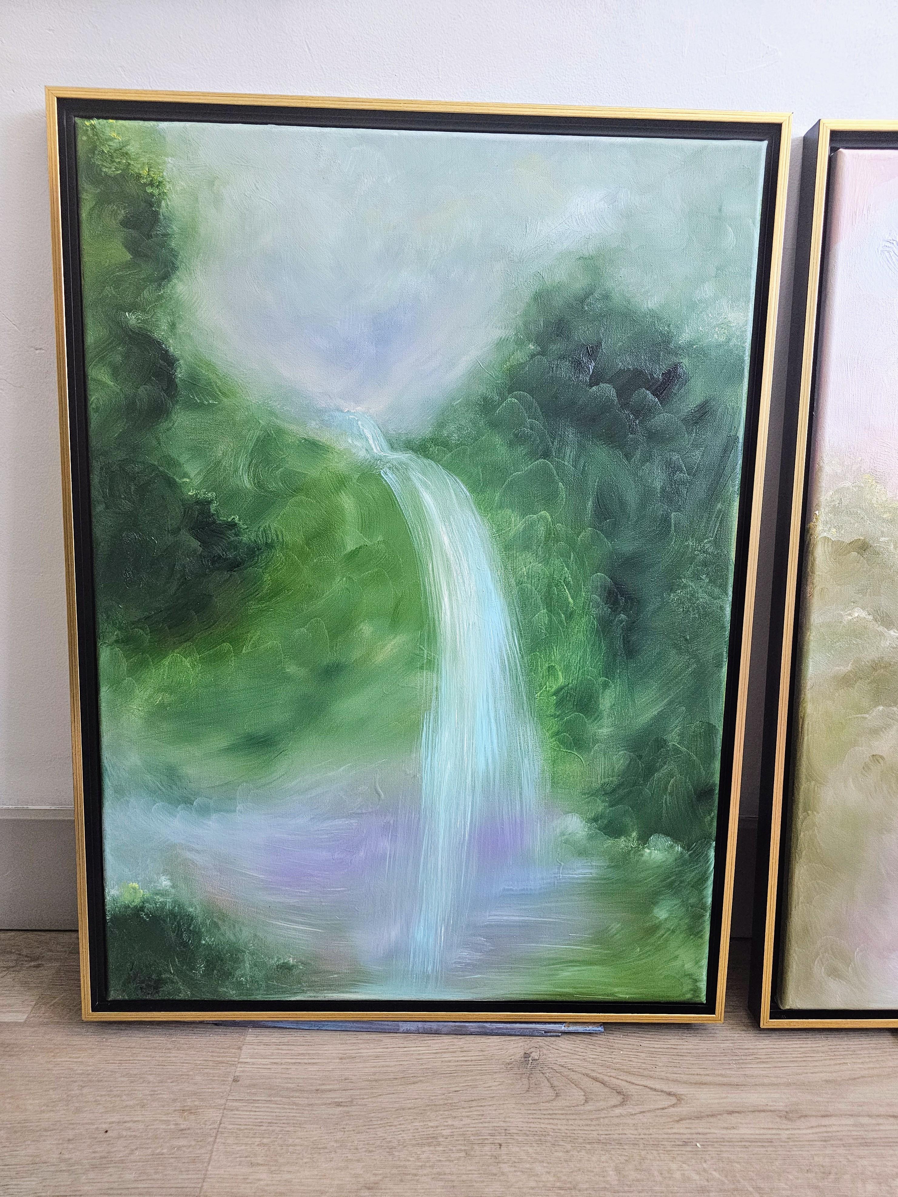 Túmbame en el suelo del bosque -Soñadora cascada verde bosque pintura abstracta - Painting Contemporáneo de Jennifer L. Baker