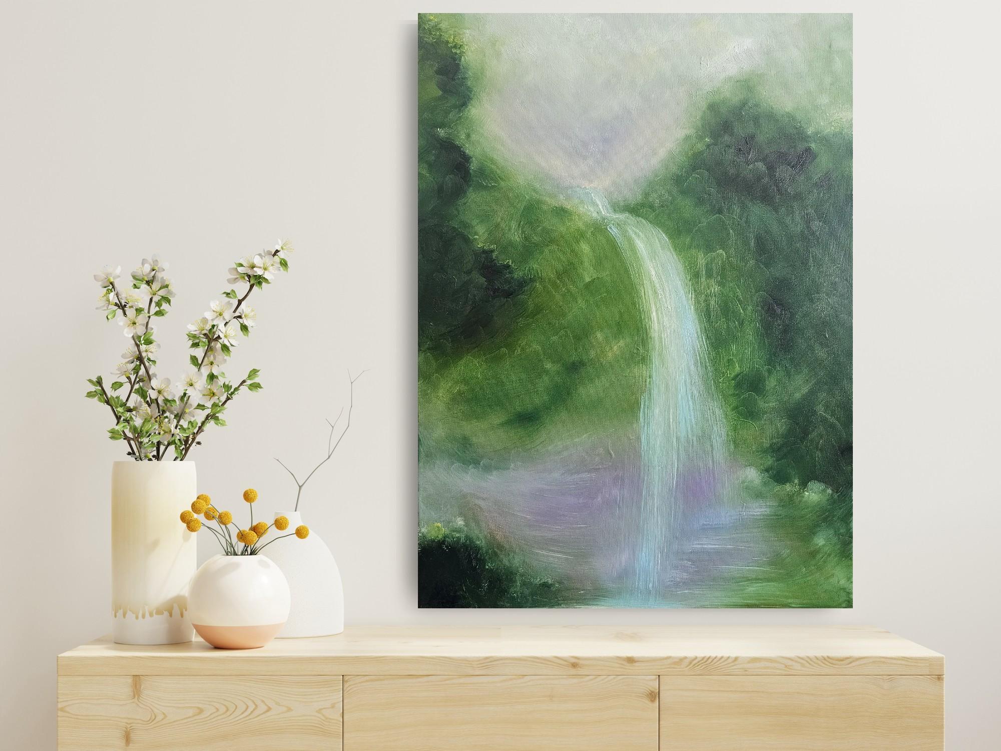 Sdraiati sul suolo della foresta -Pittura astratta della foresta con cascata verde da sogno in vendita 4