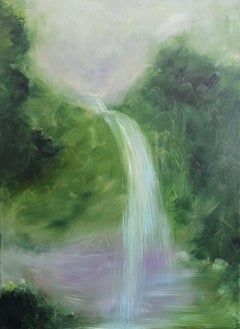 Lay me down on the forest floor -Dreamy green waterfall forest abstract painting