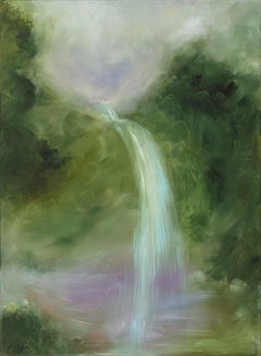Lay me down on the forest floor -Dreamy green waterfall forest abstract painting