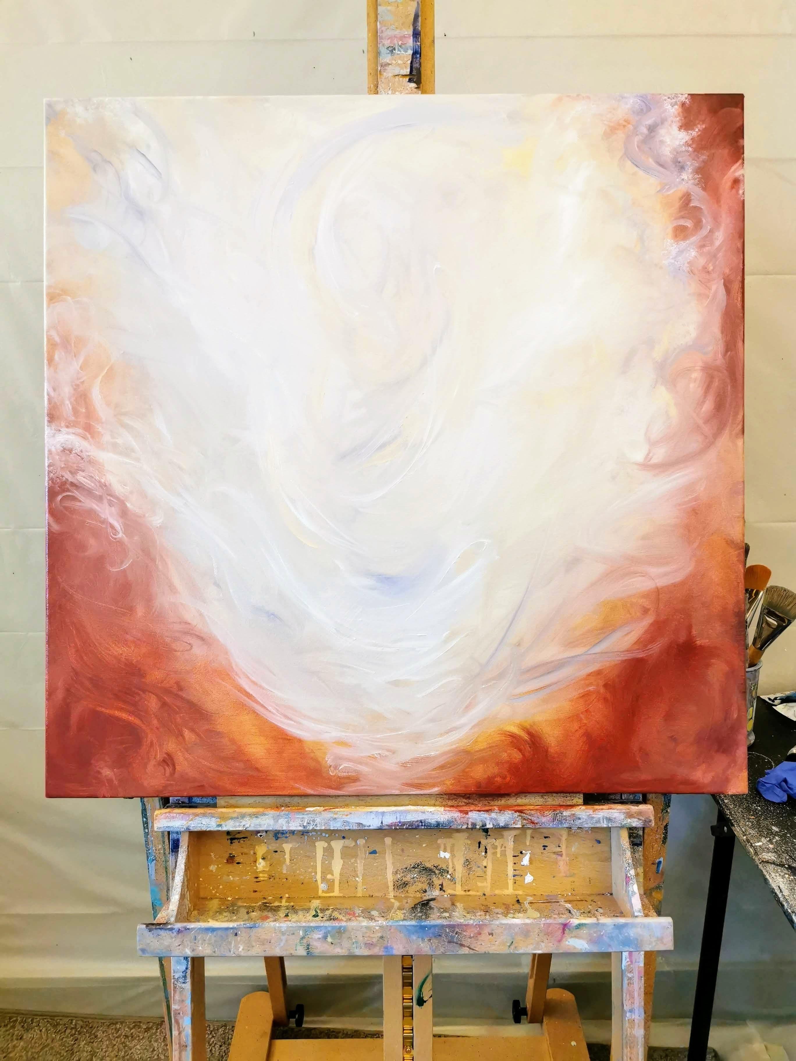 Life everlasting - Peinture expressionniste abstraite rouge, orange et blanche en vente 6