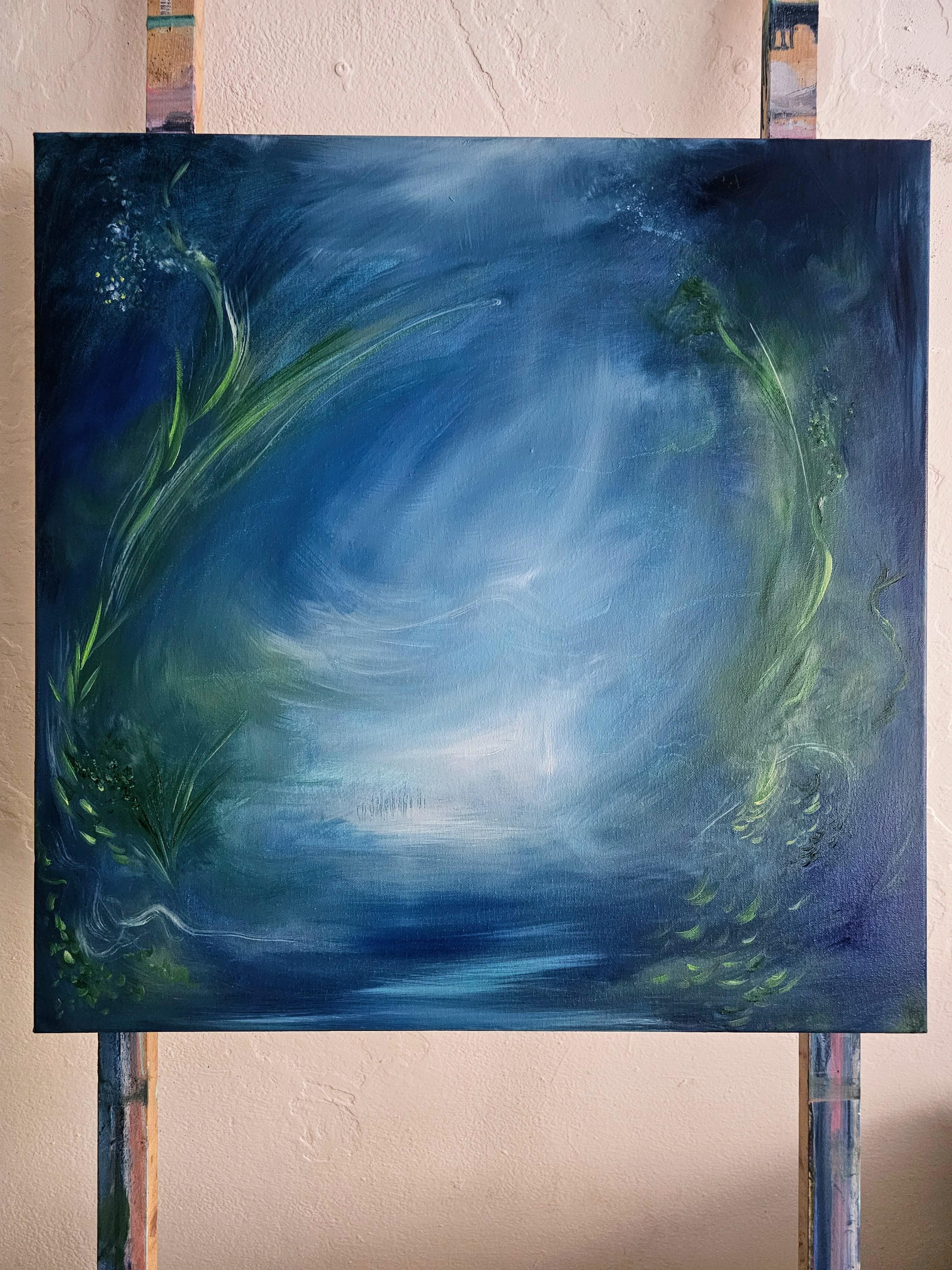 Lilith - Quadro astratto di acqua e natura di colore blu e verde - Painting Contemporaneo di Jennifer L. Baker