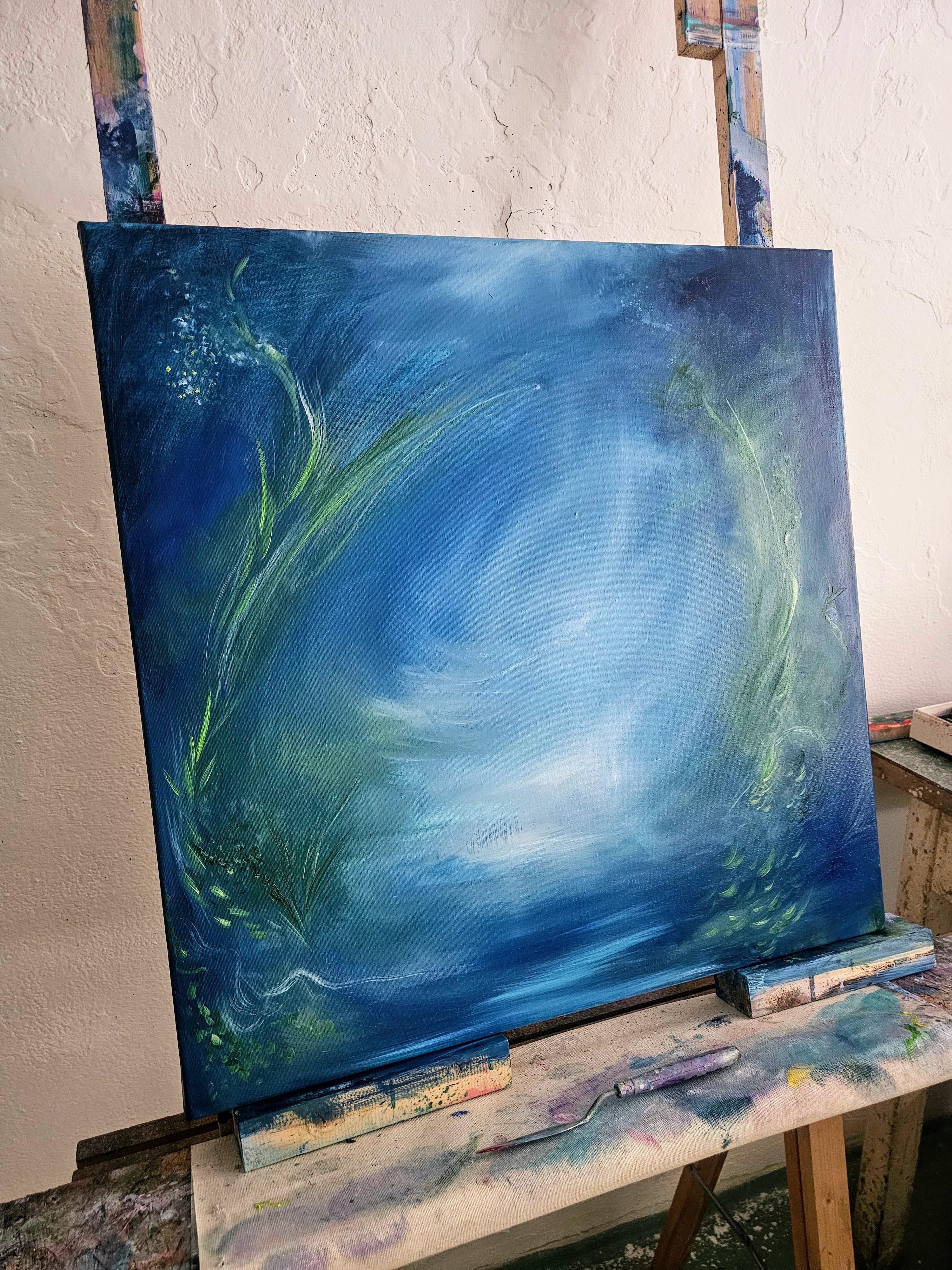 Lilith - Quadro astratto di acqua e natura di colore blu e verde - Landscape Painting Blu di Jennifer L. Baker