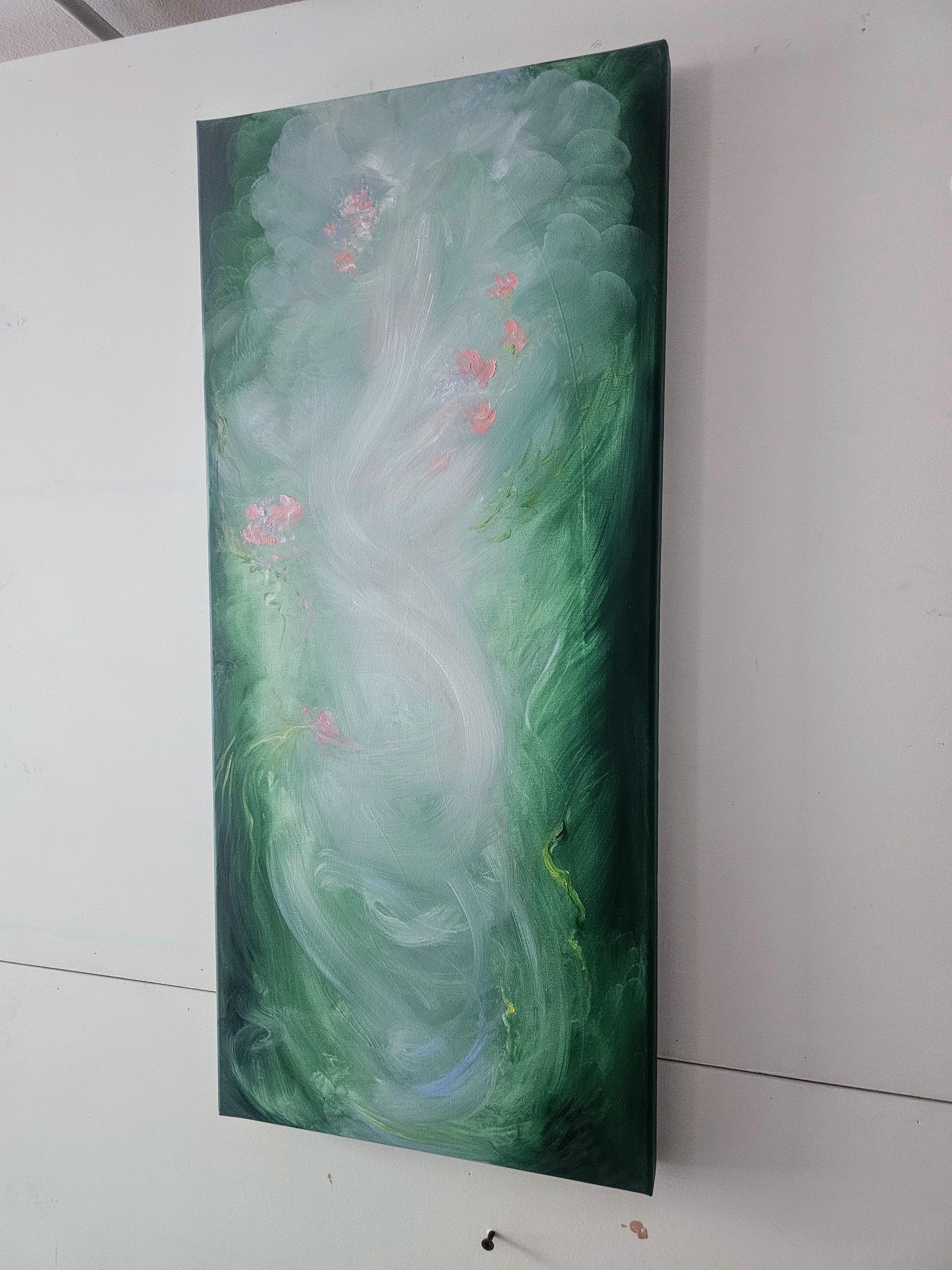 La luz se mece, se mueve, se balancea a través de las nuevas flores de primavera y el crecimiento salvaje que es la vida. Esta Pintura es un poema abstracto verde esmeralda y rosa melocotón a través de la naturaleza, inspirado en mis muchas
