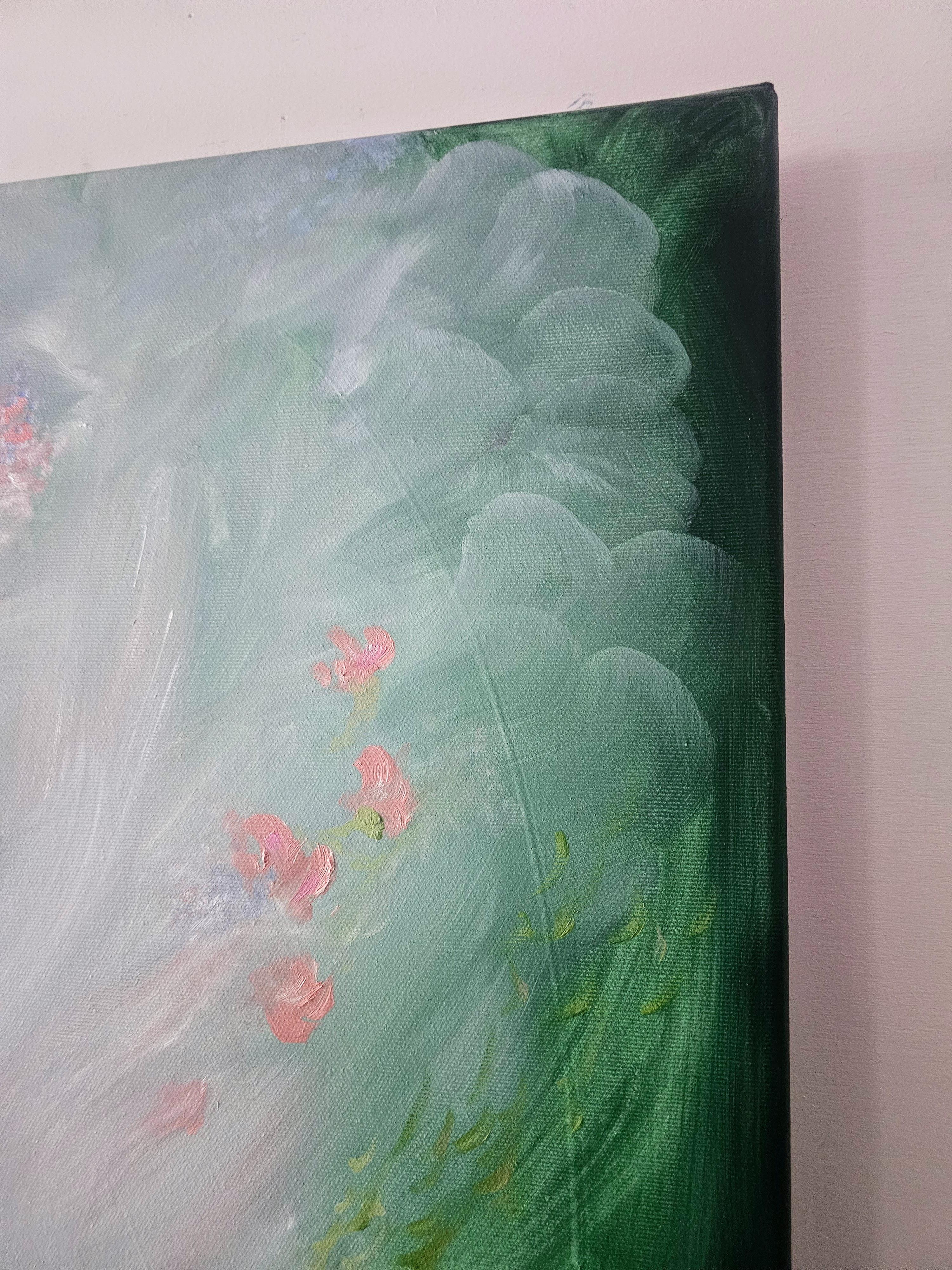 Lilting light - Pintura etérea verde, rosa y blanca de paisaje floral abstracto en venta 1