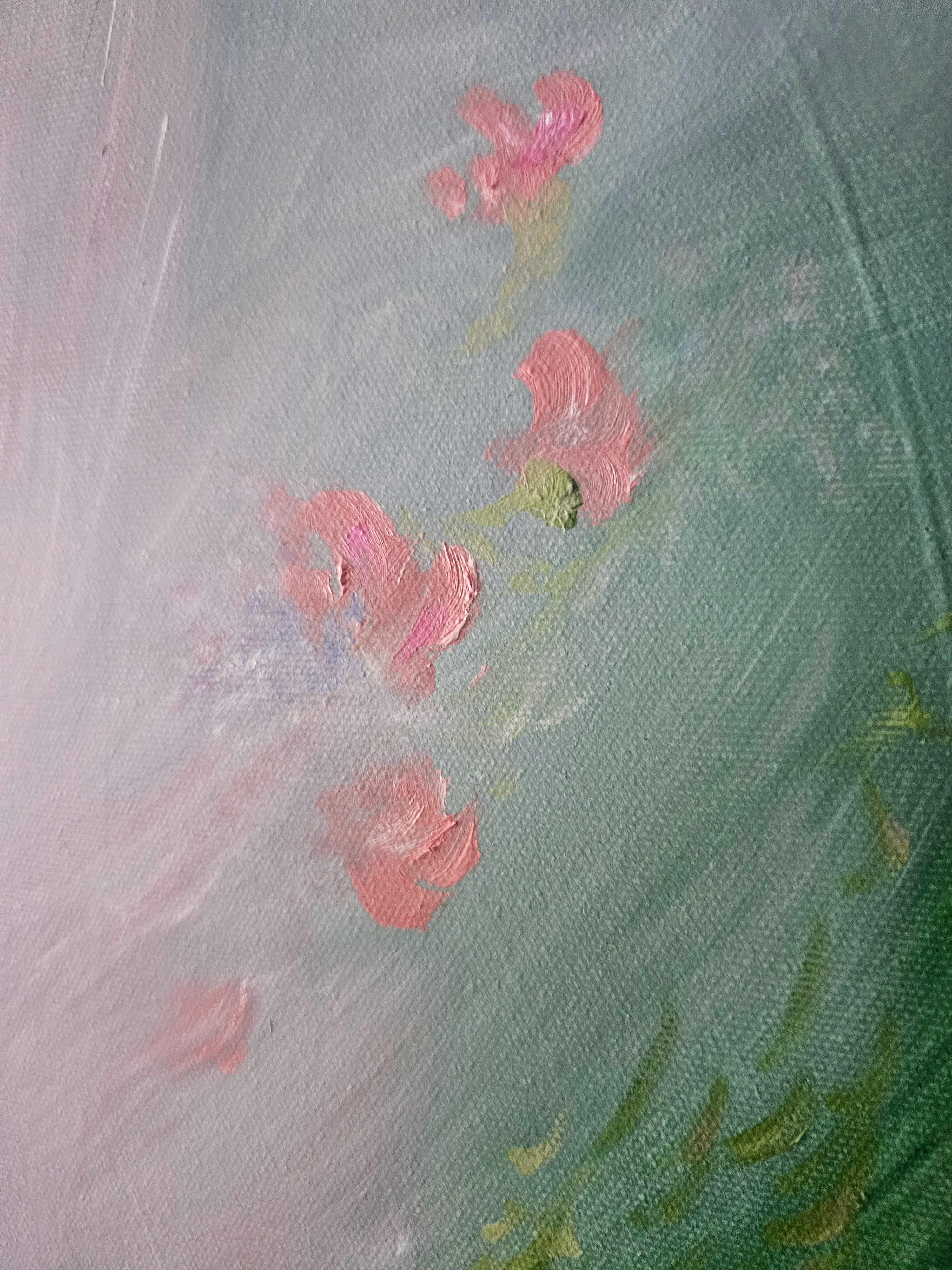 Lilting light - Pintura etérea verde, rosa y blanca de paisaje floral abstracto en venta 2