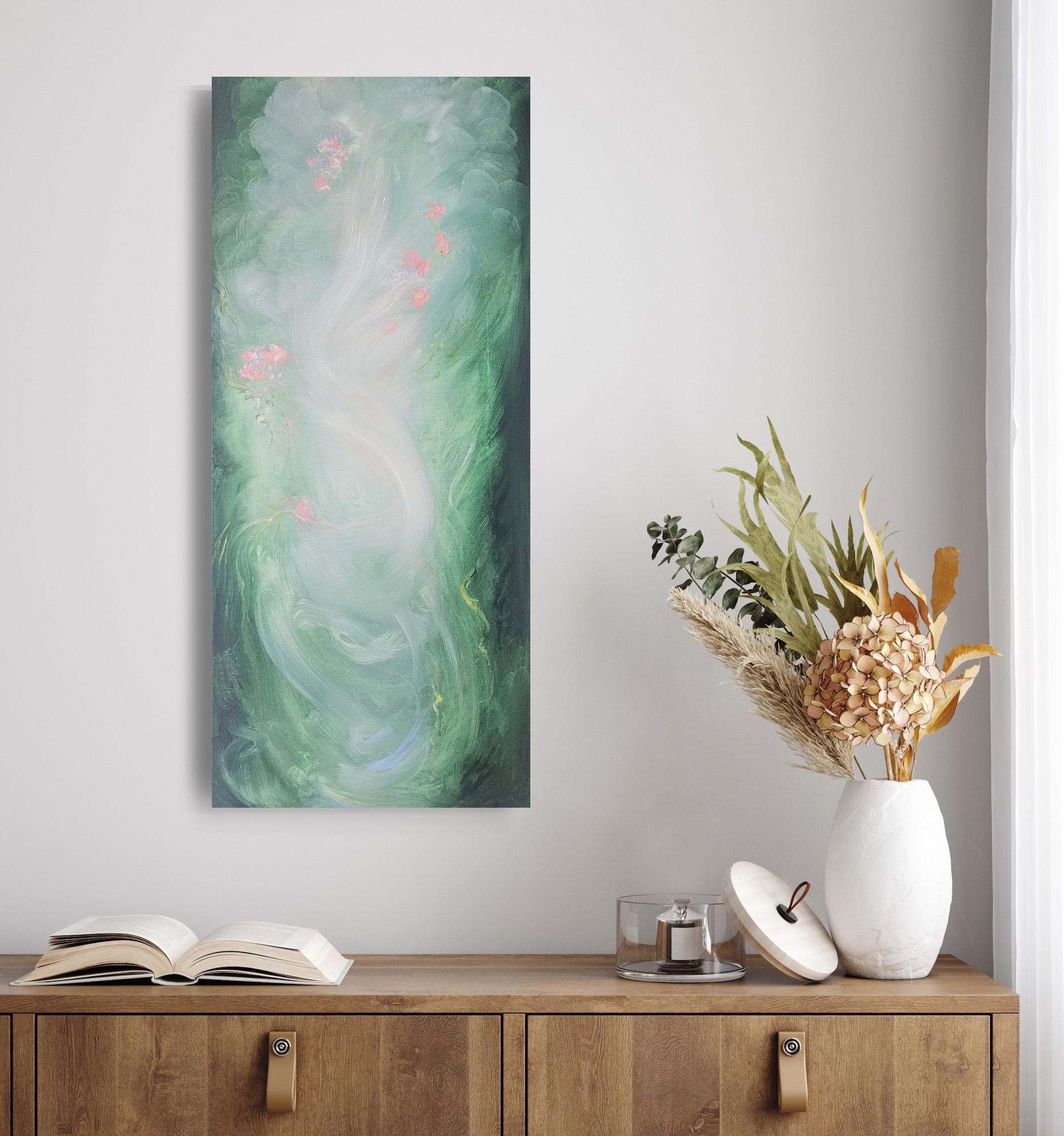 Lilting light - Pintura etérea verde, rosa y blanca de paisaje floral abstracto en venta 8