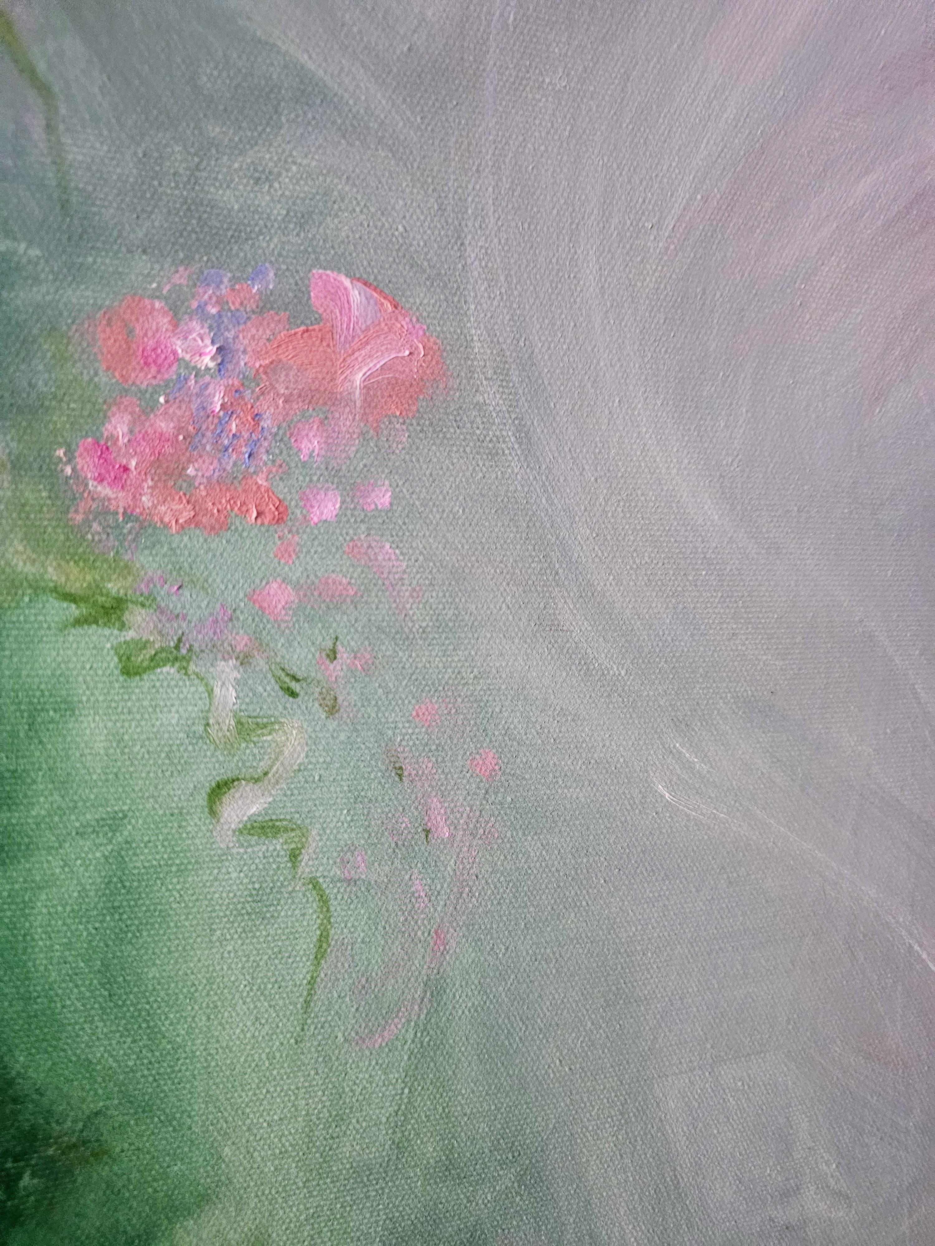 Lilting light - Pintura etérea verde, rosa y blanca de paisaje floral abstracto en venta 3