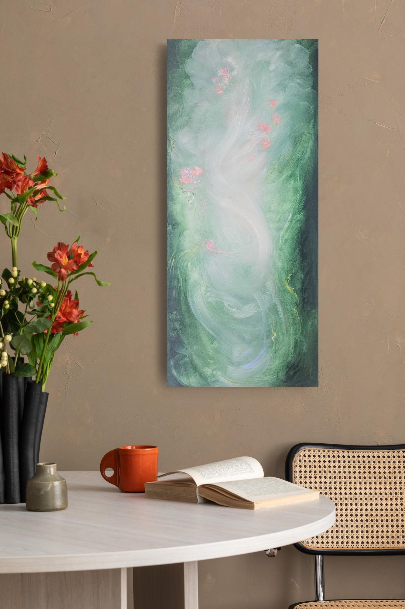 Lilting light - Pintura etérea verde, rosa y blanca de paisaje floral abstracto en venta 9