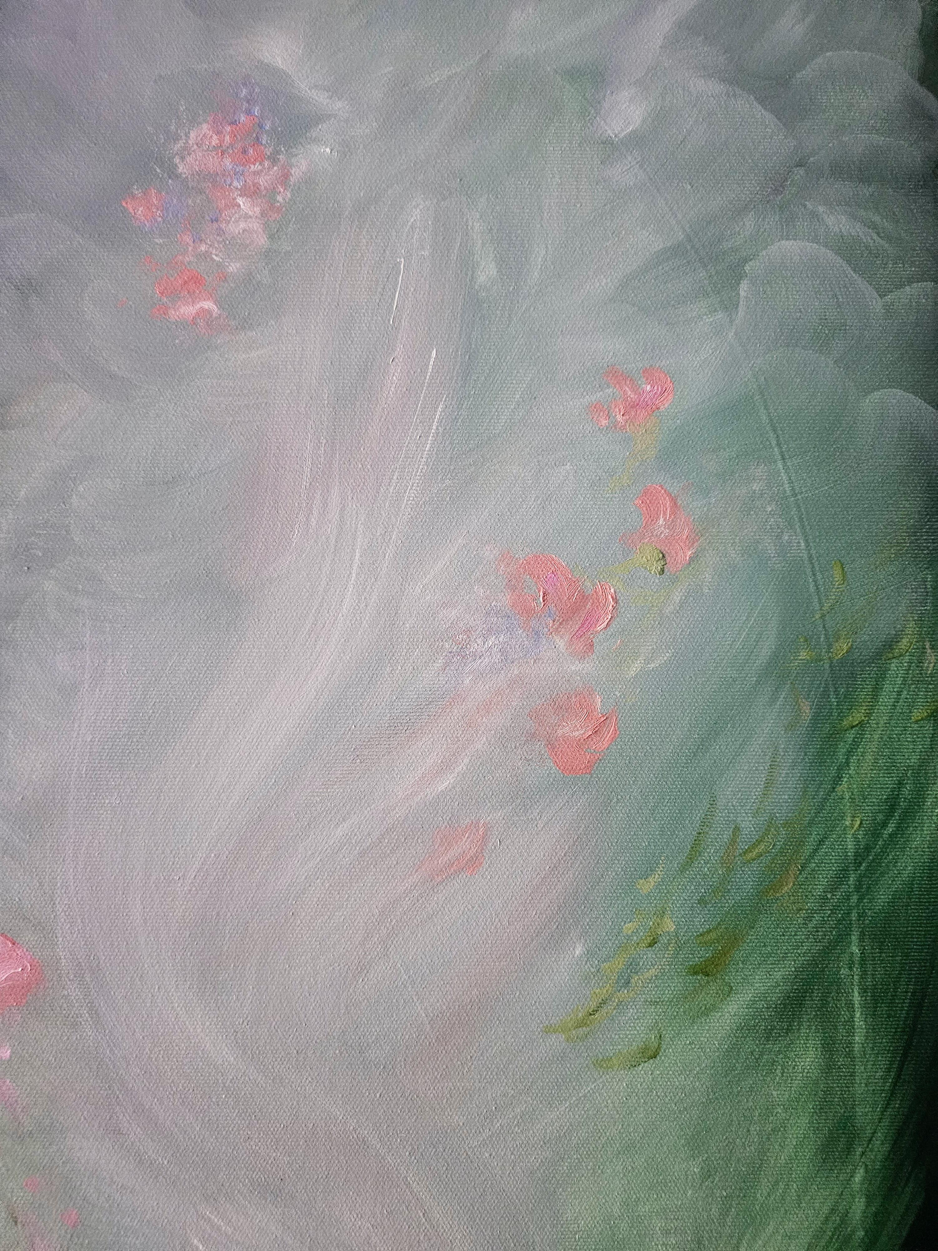 Lilting light - Pintura etérea verde, rosa y blanca de paisaje floral abstracto en venta 4