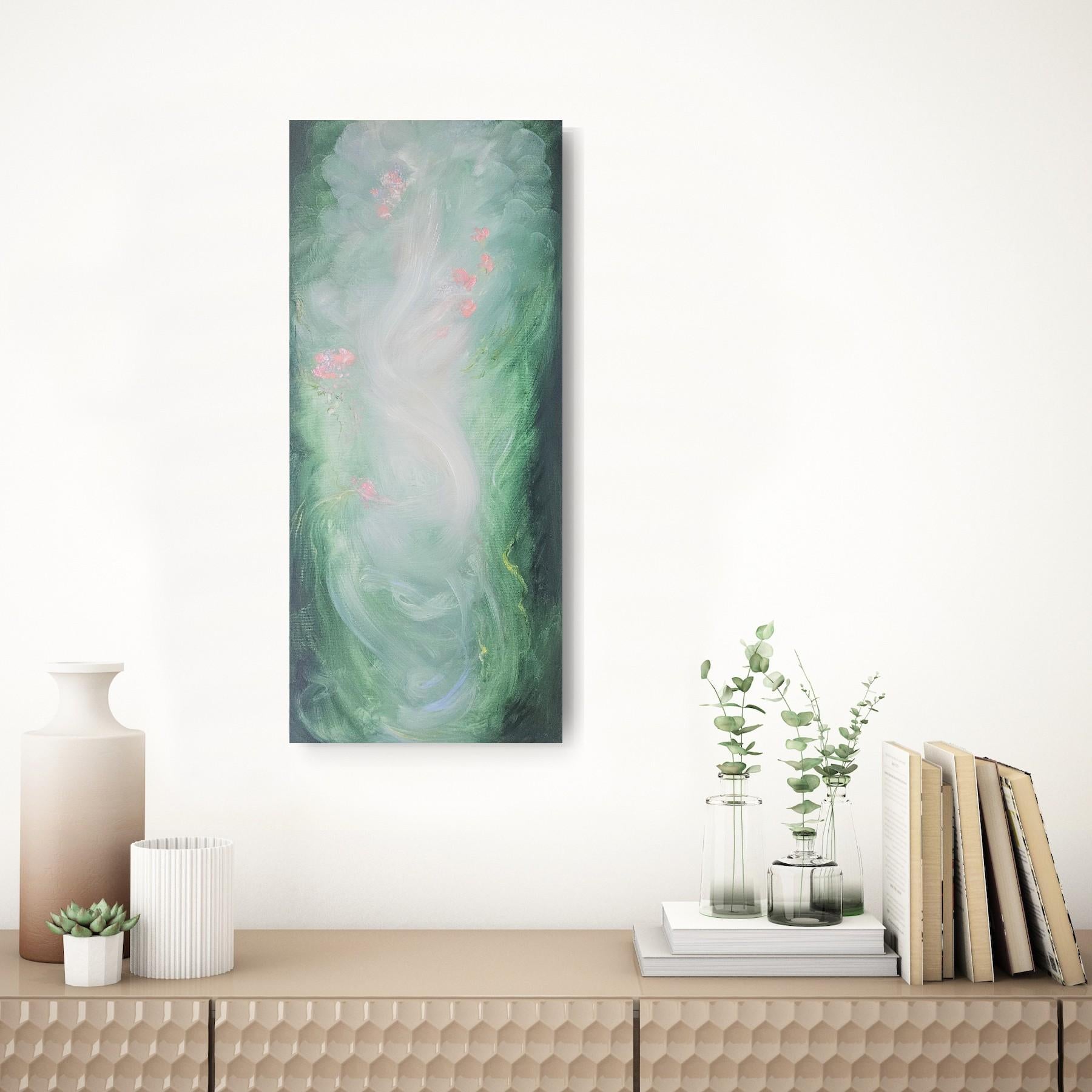 Lilting light - Pintura etérea verde, rosa y blanca de paisaje floral abstracto en venta 10