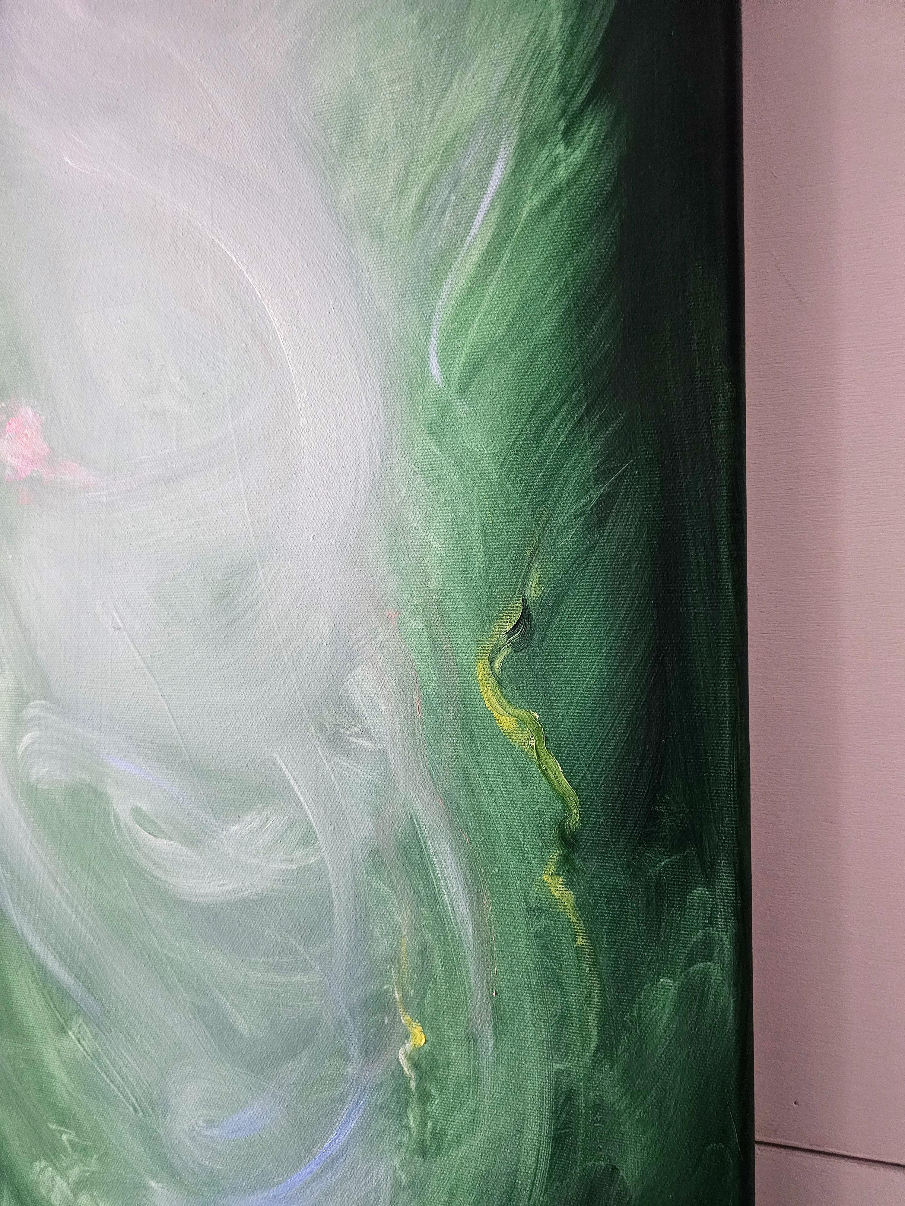 Lilting light - Pintura etérea verde, rosa y blanca de paisaje floral abstracto en venta 5