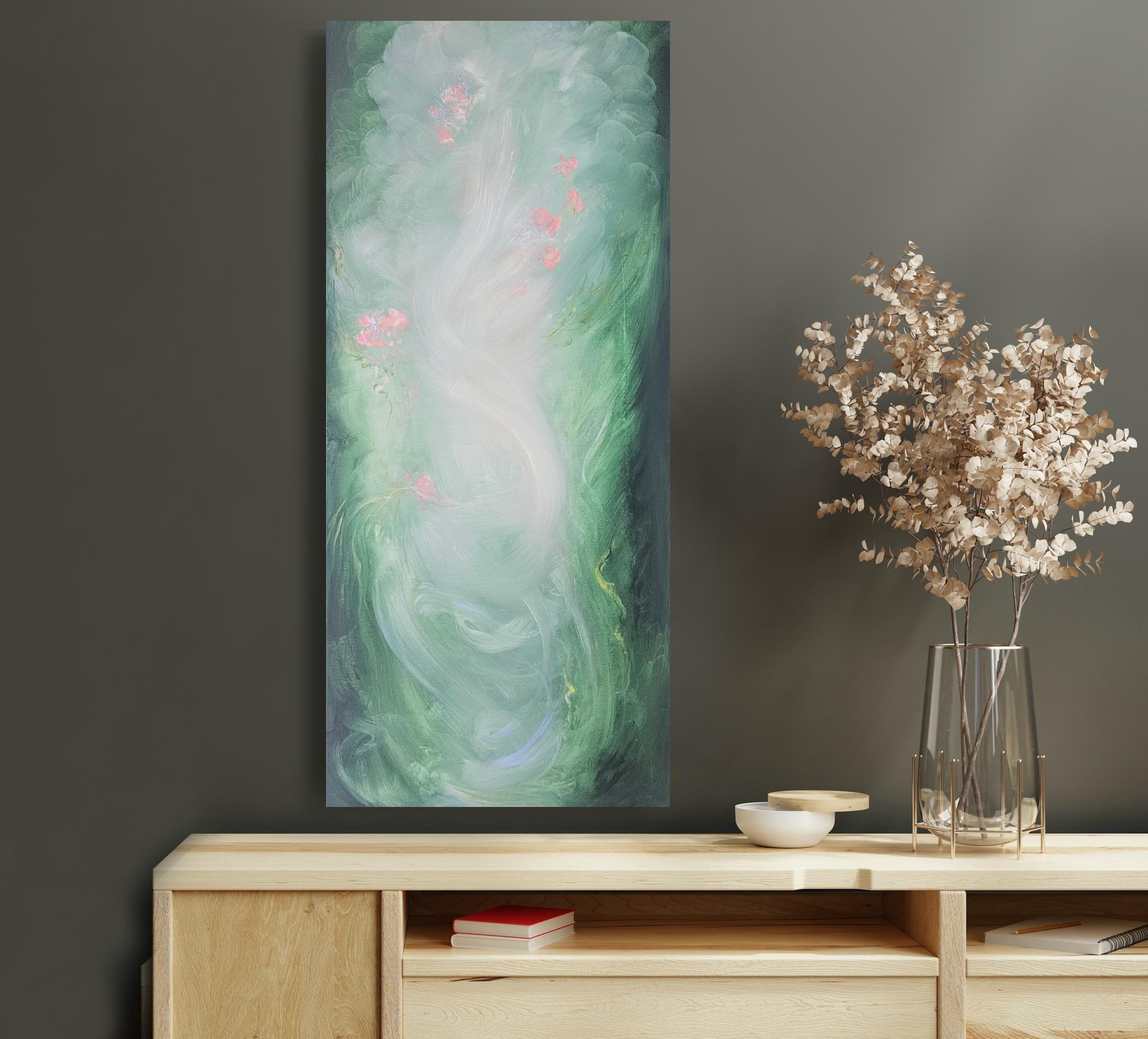 Lilting light - Pintura etérea verde, rosa y blanca de paisaje floral abstracto en venta 11