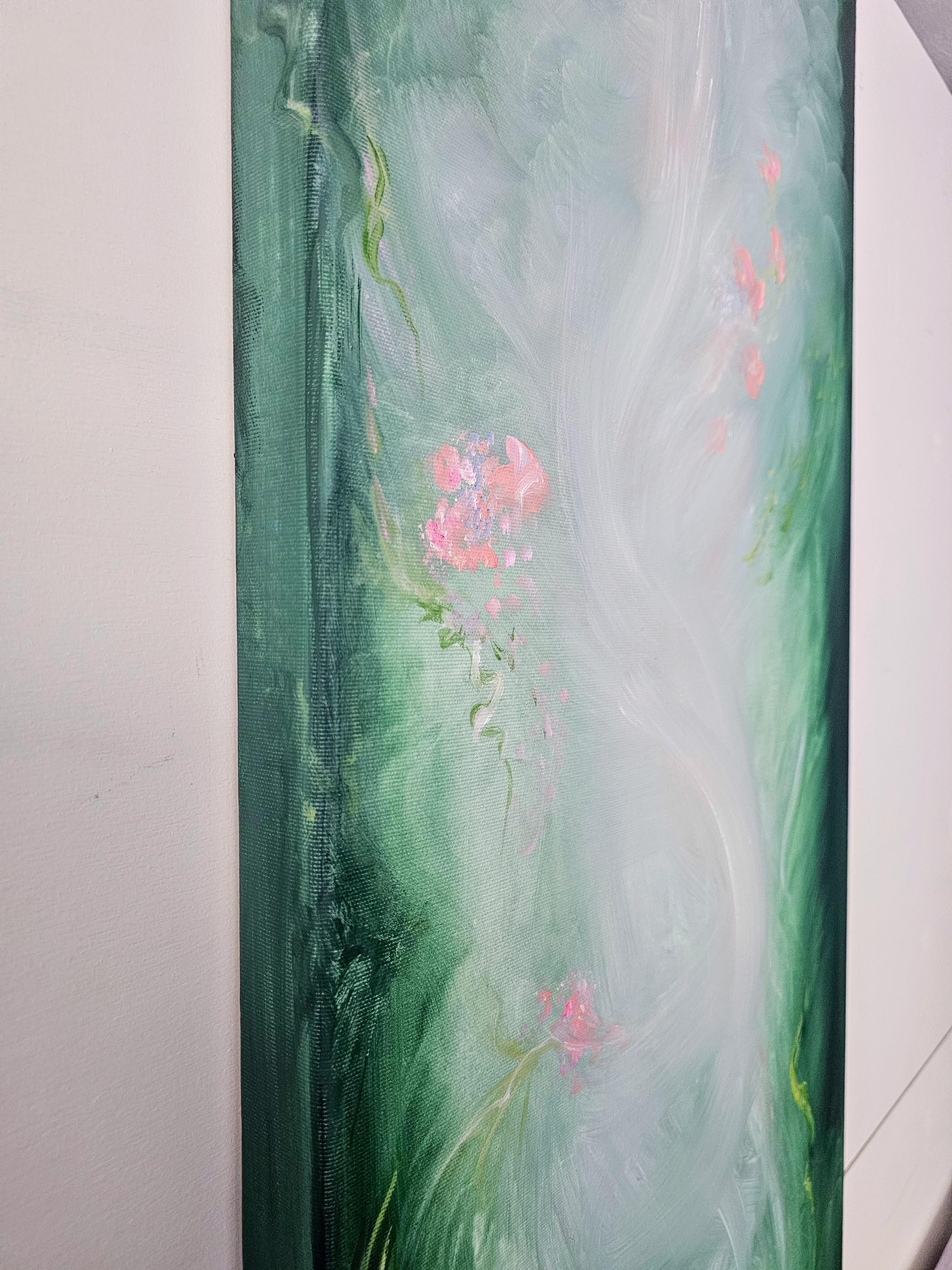 Lilting light - Pintura etérea verde, rosa y blanca de paisaje floral abstracto en venta 6
