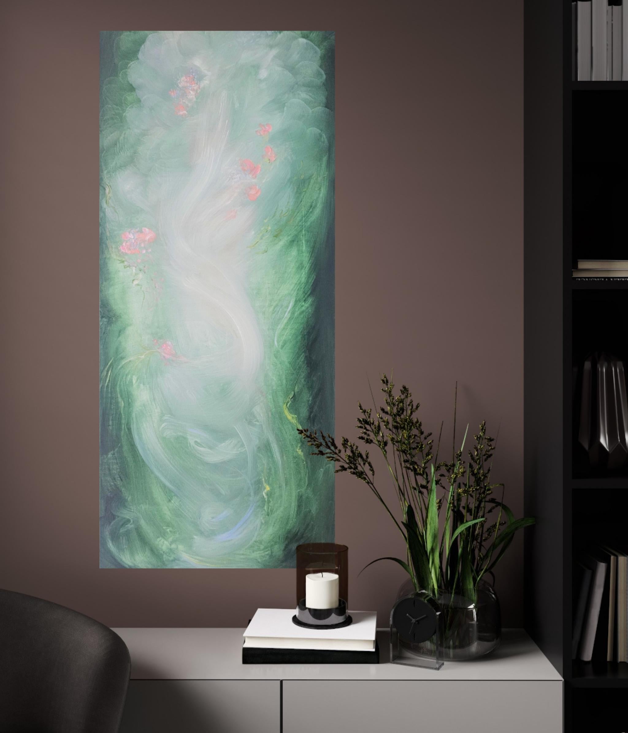 Lilting light - Pintura etérea verde, rosa y blanca de paisaje floral abstracto en venta 12
