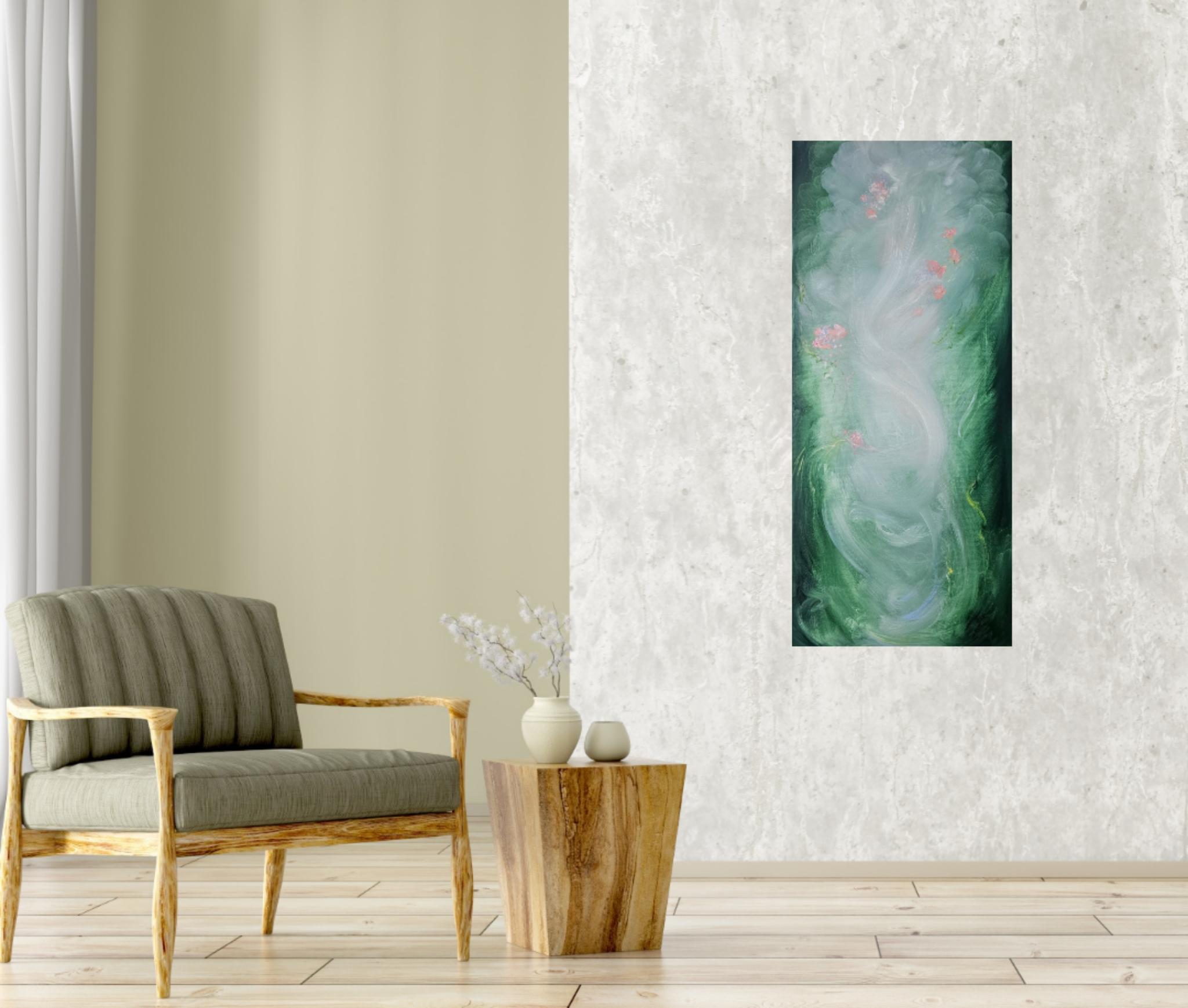 Lilting light - Pintura etérea verde, rosa y blanca de paisaje floral abstracto en venta 7