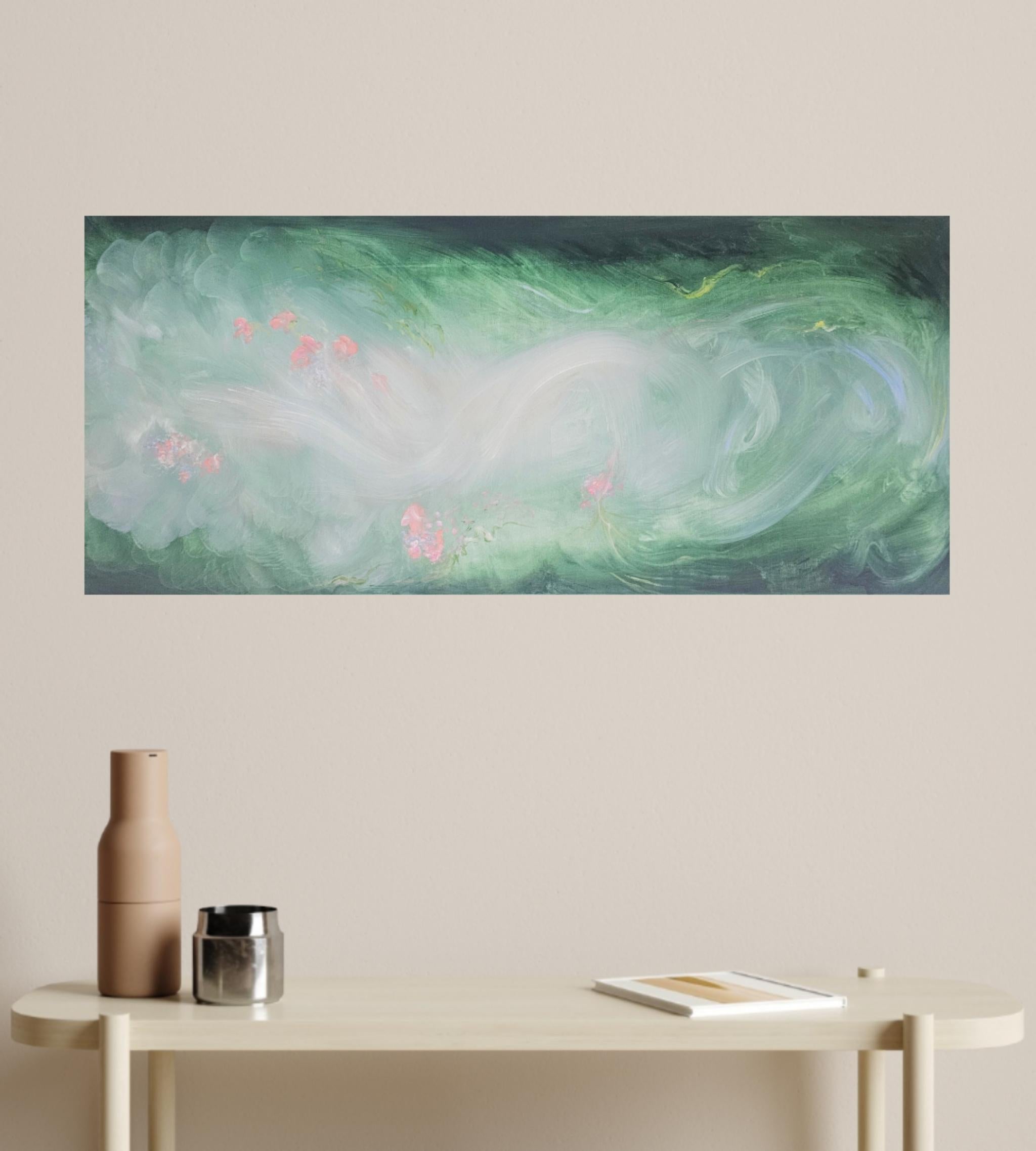 Lilting light - Pintura etérea verde, rosa y blanca de paisaje floral abstracto en venta 13