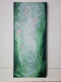 Lilting light - Ethereal green, pink & white abstract floral landscape painting