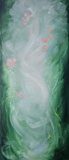 Lilting light - Ethereal green, pink & white abstract floral landscape painting