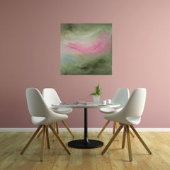 Lotus in the Storm - quadro naturalistico astratto espressionista di colore rosa e verde