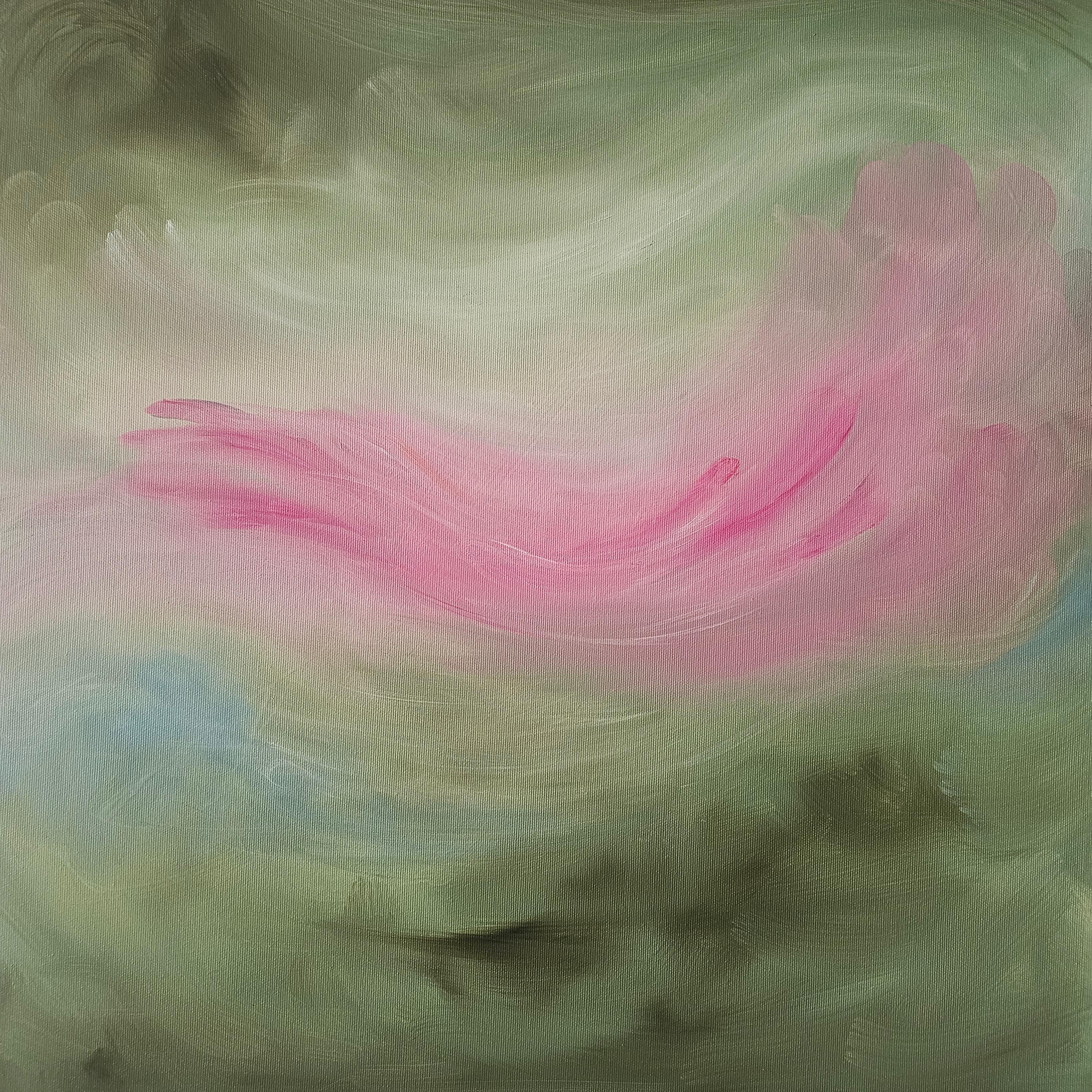 Lotus in the Storm - pink and green abstract expressionist nature painting