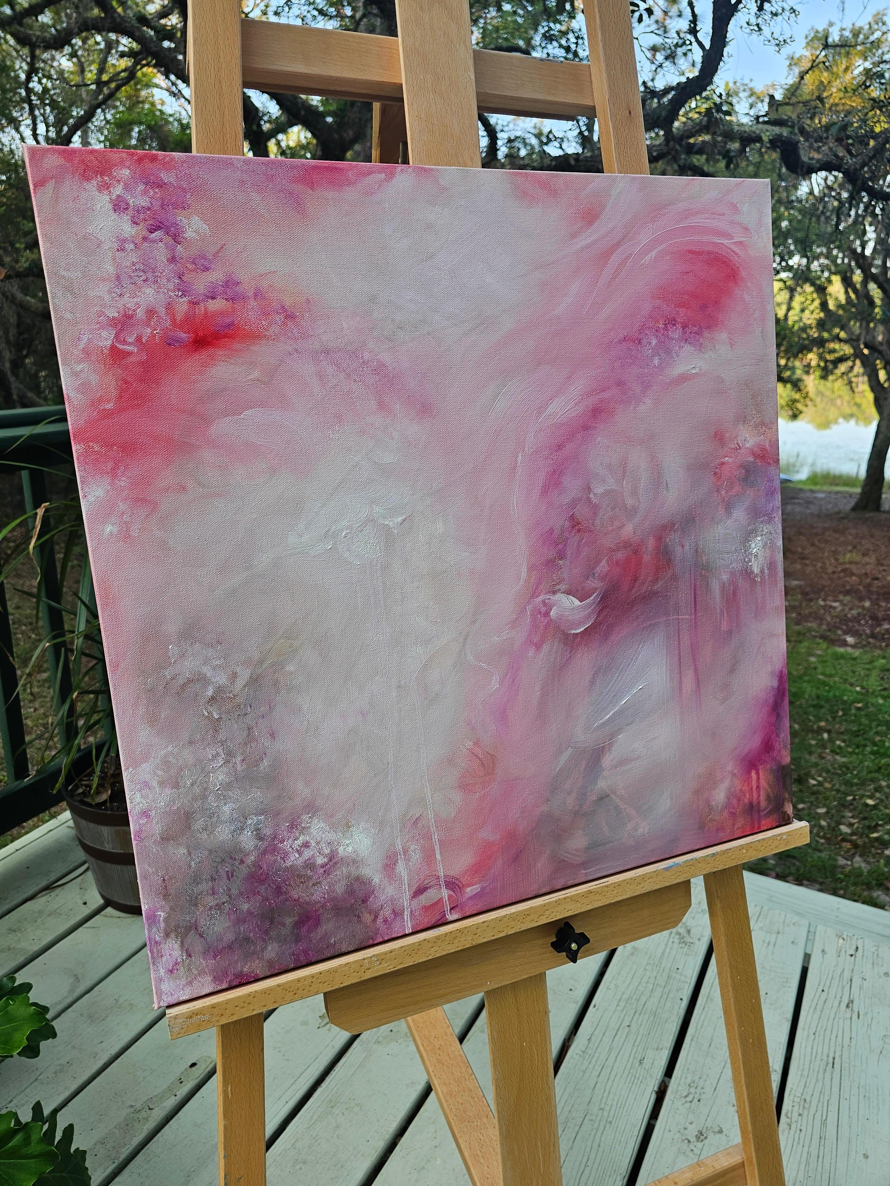 Love child - Quadro di natura astratta espressionista rosa tenue in vendita 1