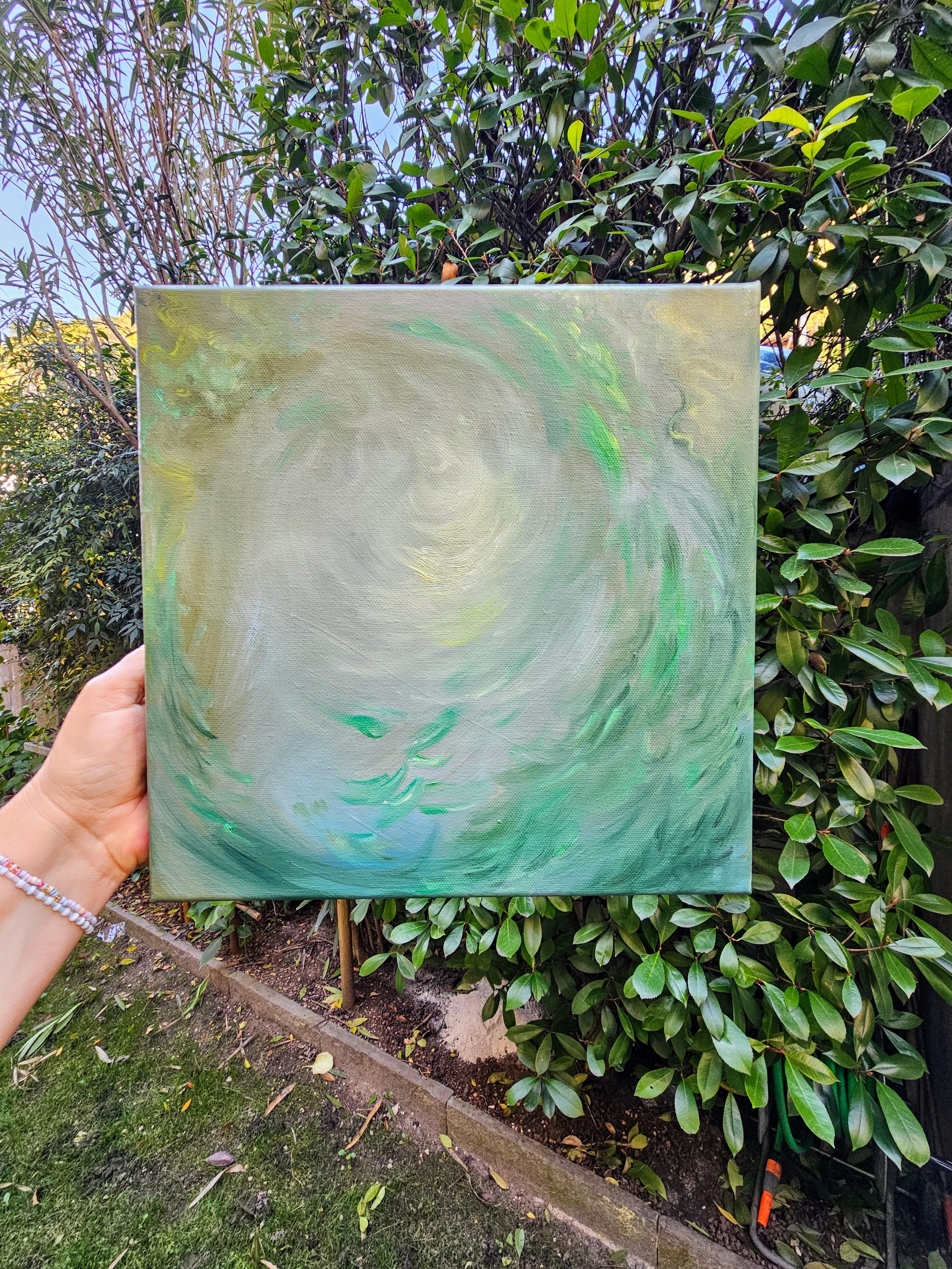 Angelo del prato - Piccolo quadro floreale astratto verde etereo di Nature - Painting di Jennifer L. Baker