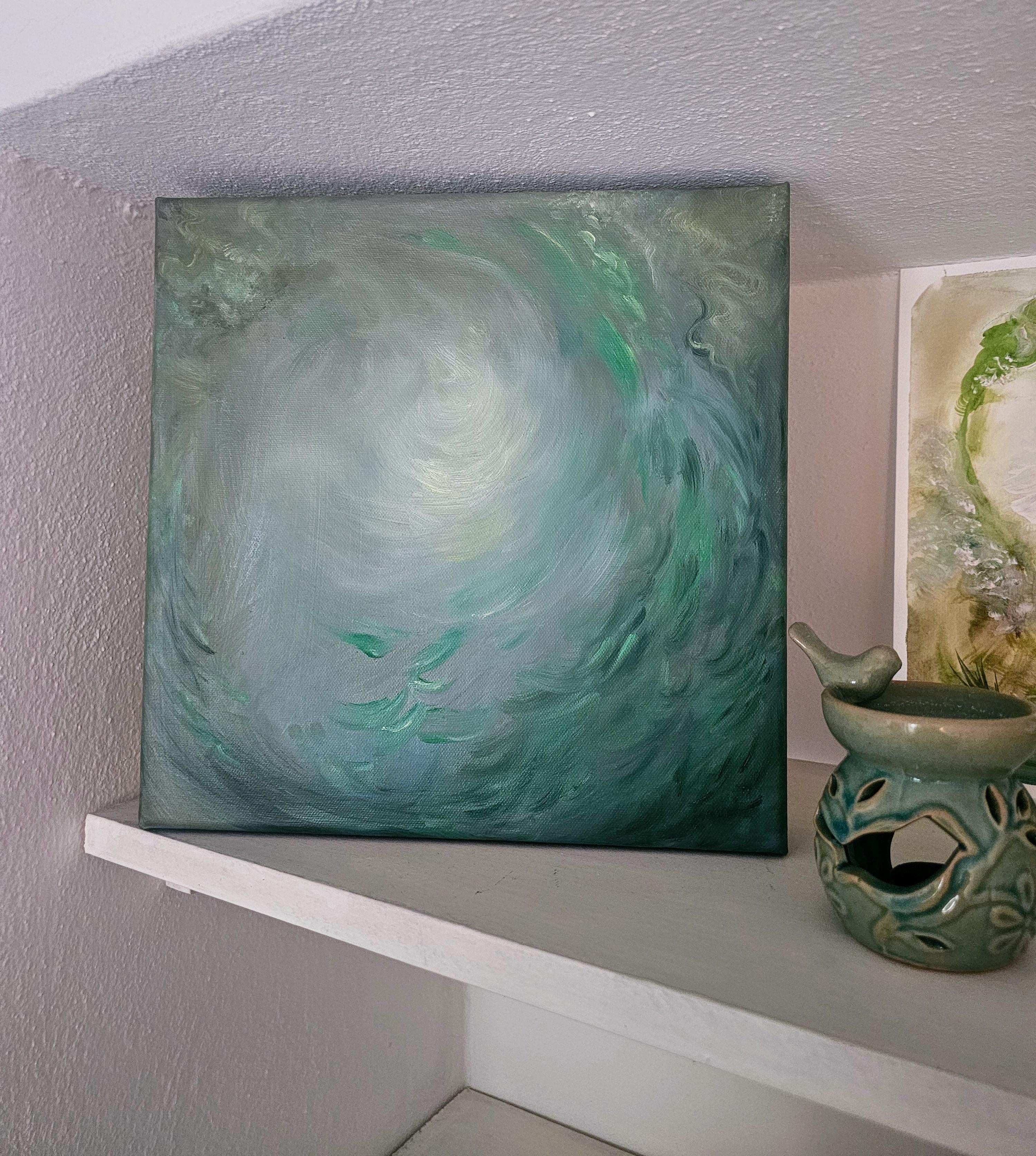 Angelo del prato - Piccolo quadro floreale astratto verde etereo di Nature - Painting Contemporaneo di Jennifer L. Baker