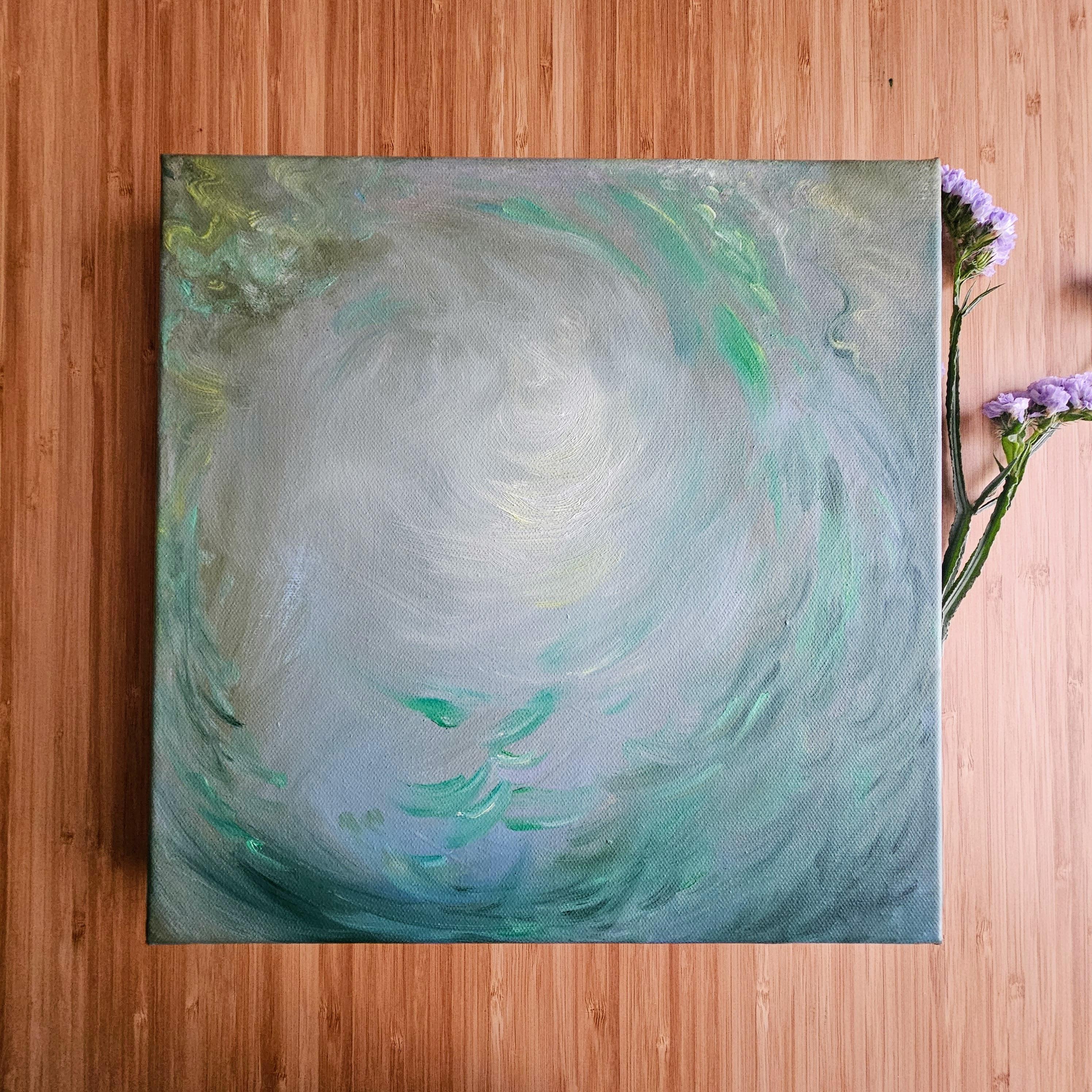 Angelo del prato - Piccolo quadro floreale astratto verde etereo di Nature - Abstract Painting Grigio di Jennifer L. Baker