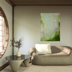 Meadowlark Painting, Impressionist Abstract in Bright Green, Signed