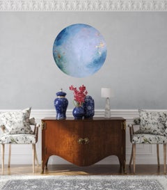 Moon in Pisces - Ethereal round blue and white abstract moon painting