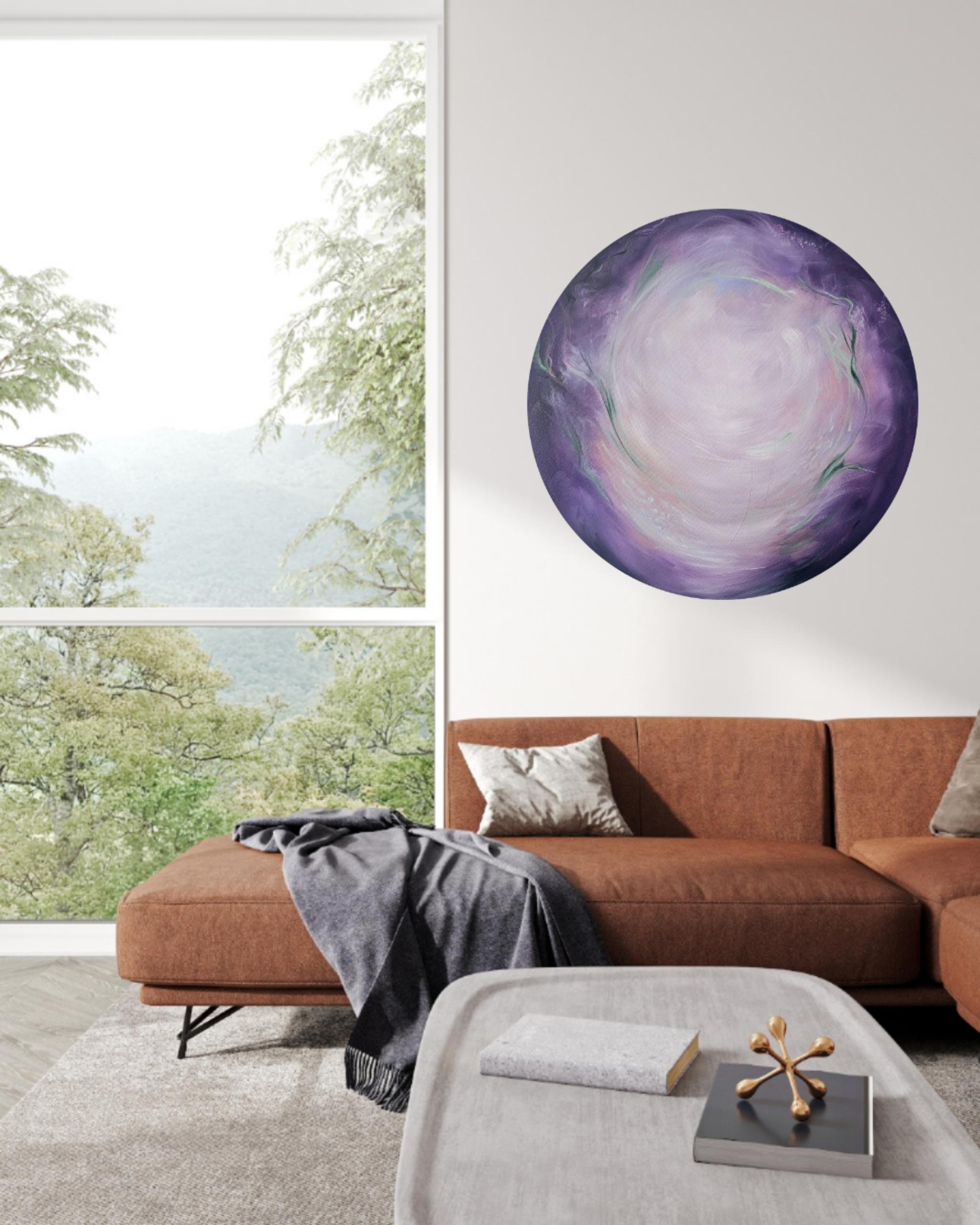 Mondblume - Ätherisches lila-grünes abstraktes rundes Mondgemälde im Angebot 7