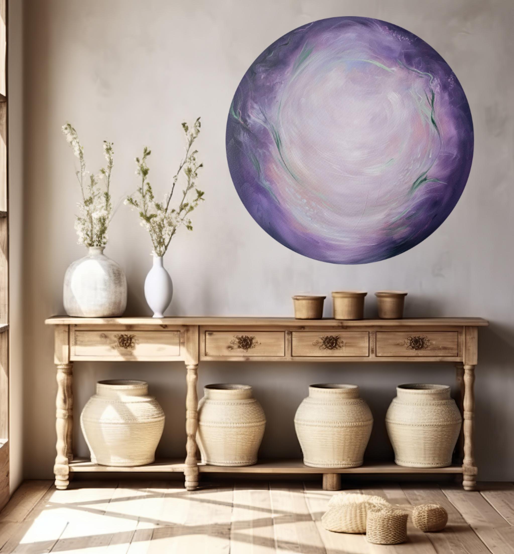 Mondblume - Ätherisches lila-grünes abstraktes rundes Mondgemälde im Angebot 8